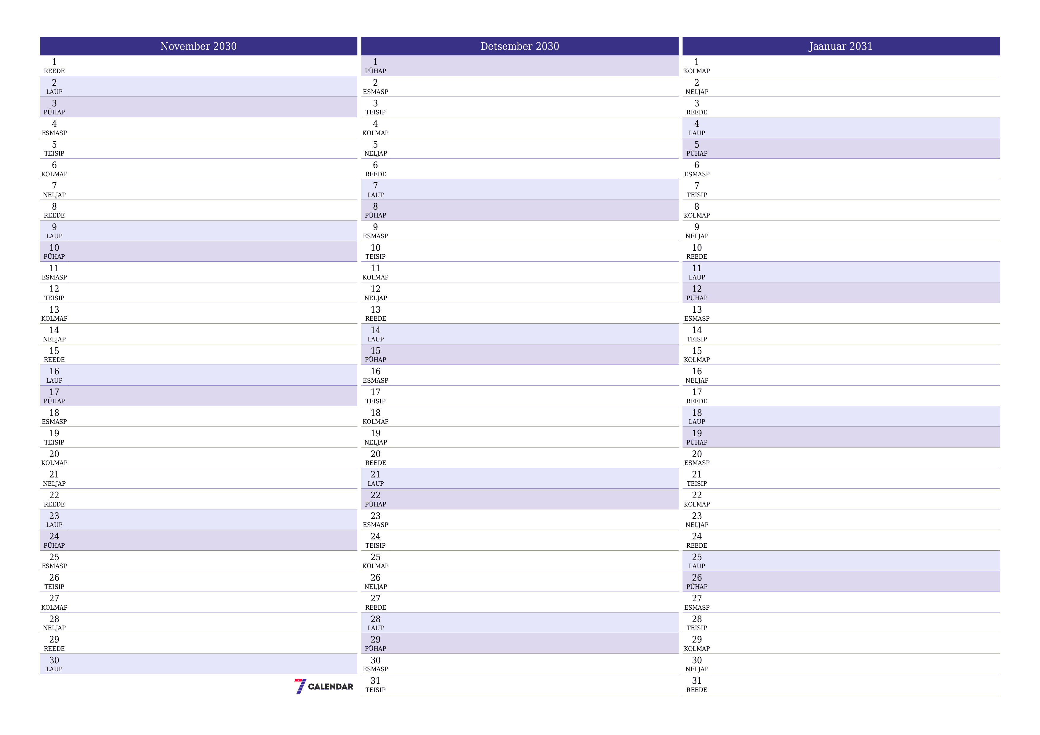 Tühjendage kuu November 2030 kuuplaneerija märkmetega, salvestage ja printige PDF-i PNG Estonian