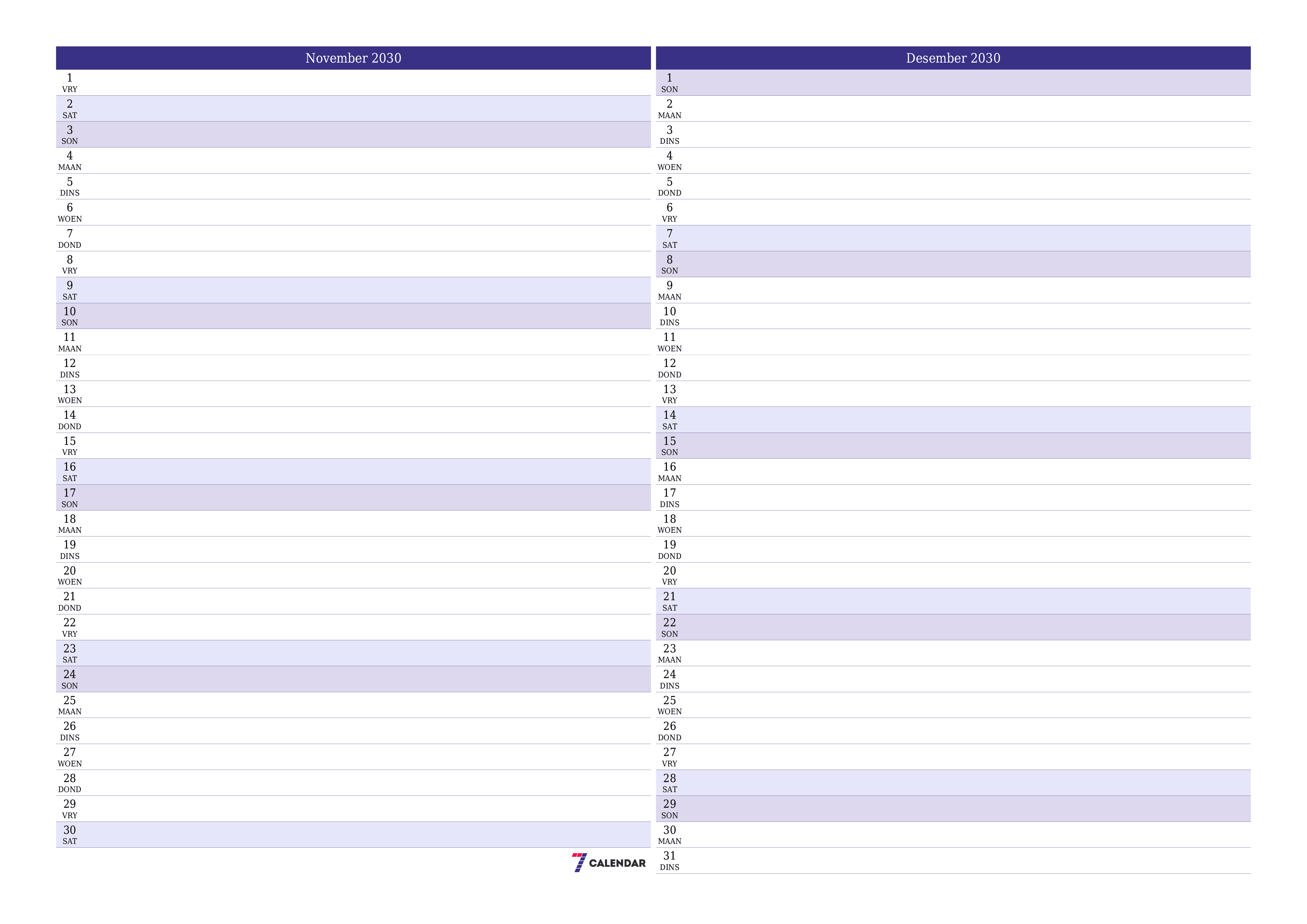 Leë maandelikse drukbare kalender en beplanner vir maand November 2030 met notas stoor en druk na PDF PNG Afrikaans