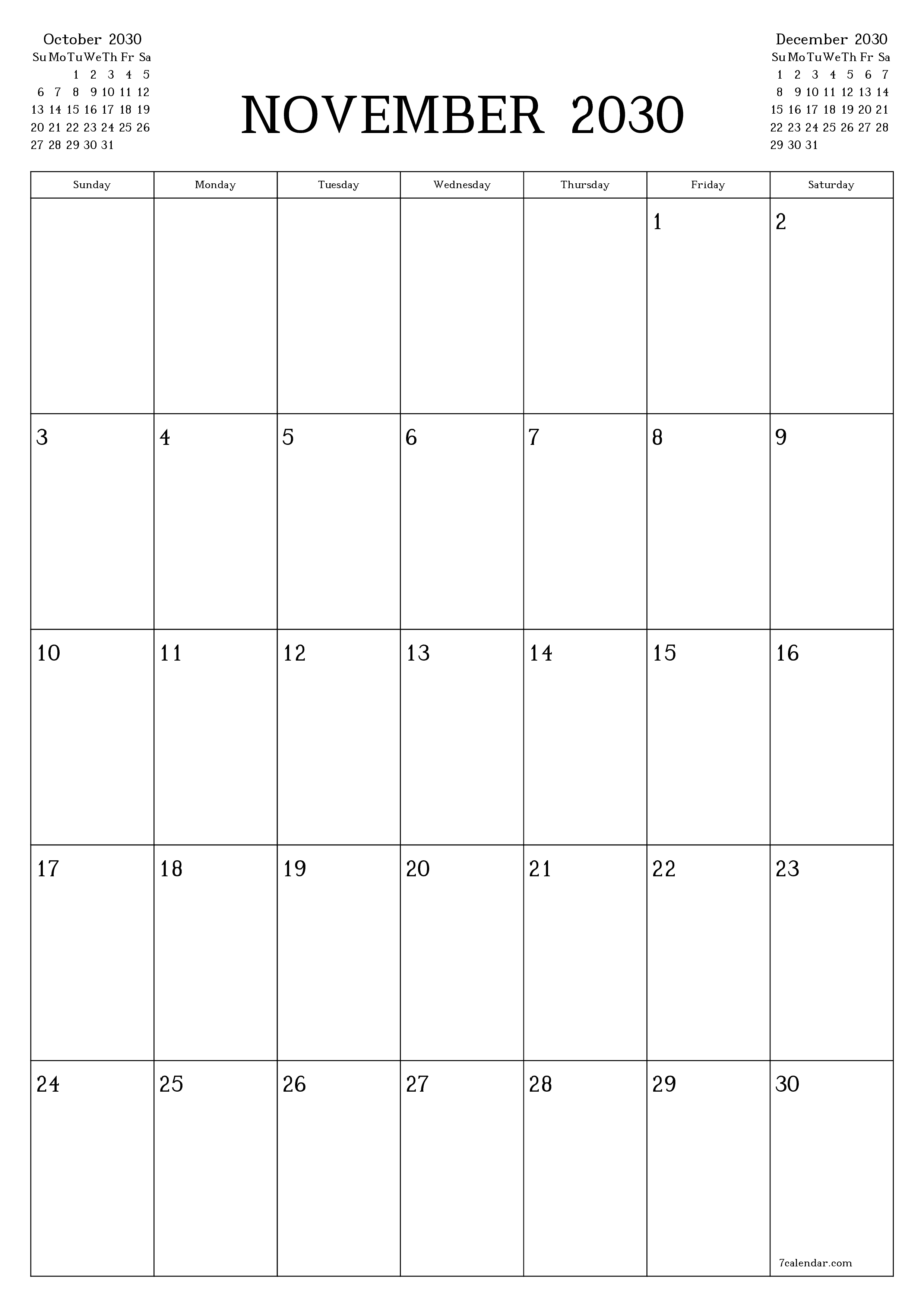 printable wall template free vertical Monthly planner calendar November (Nov) 2030