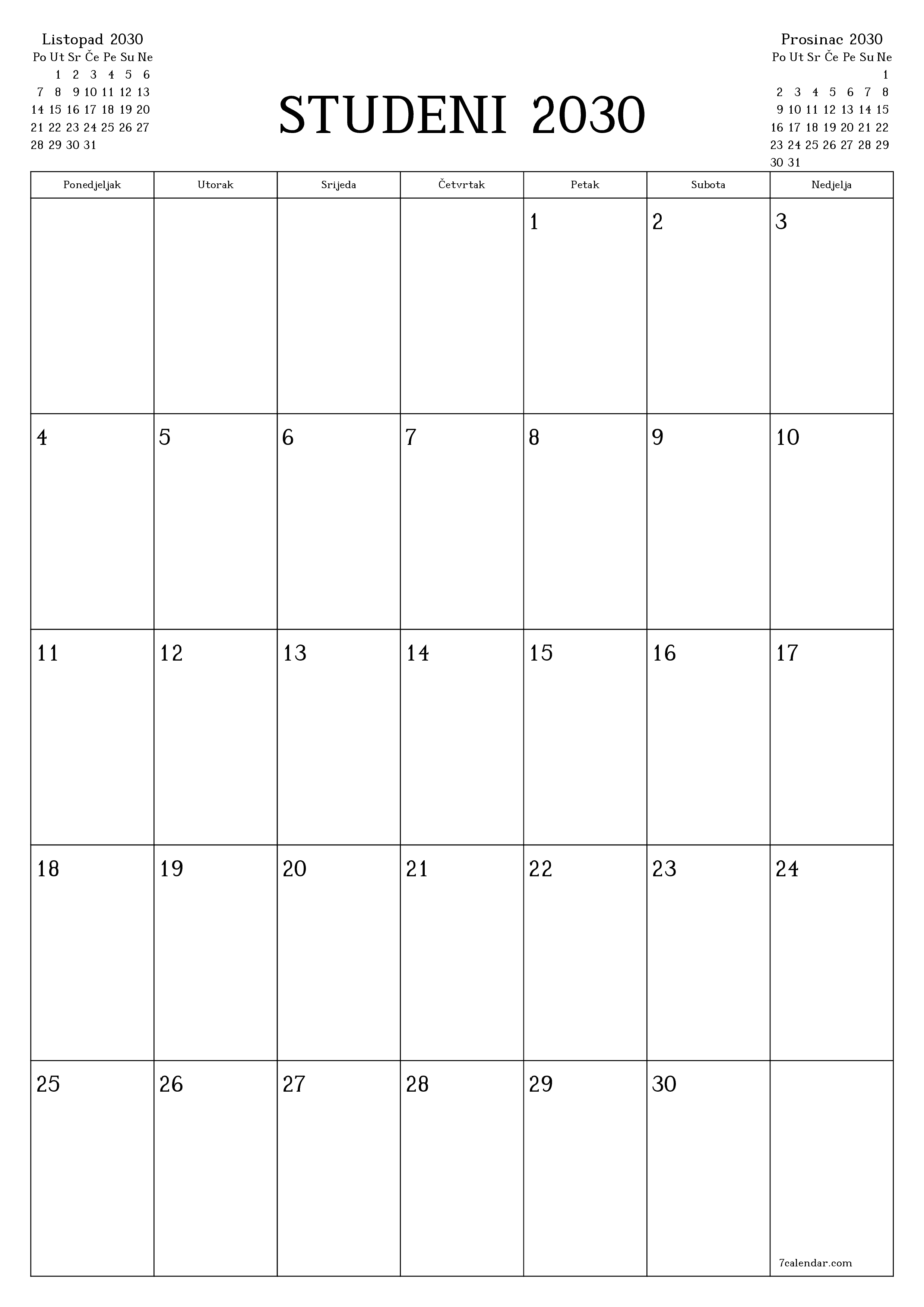  za ispis zidni predložak a besplatni okomito Mjesečni planer kalendar Studeni (Stu) 2030
