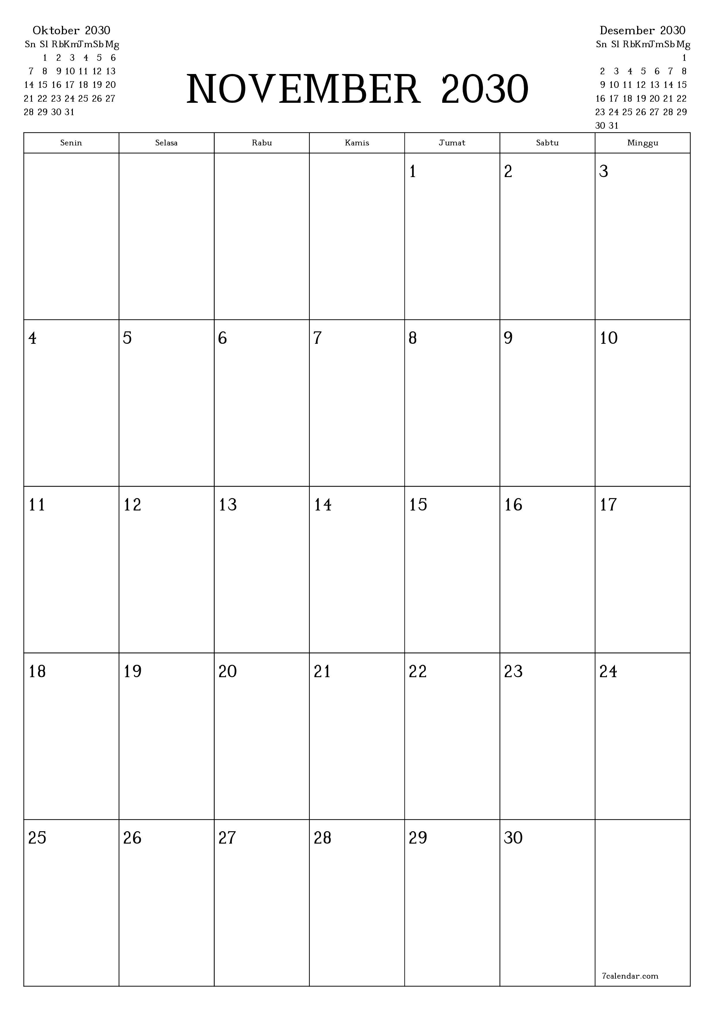  yang dapat dicetak dinding templat gratisvertikal Bulanan perencana kalender November (Nov) 2030