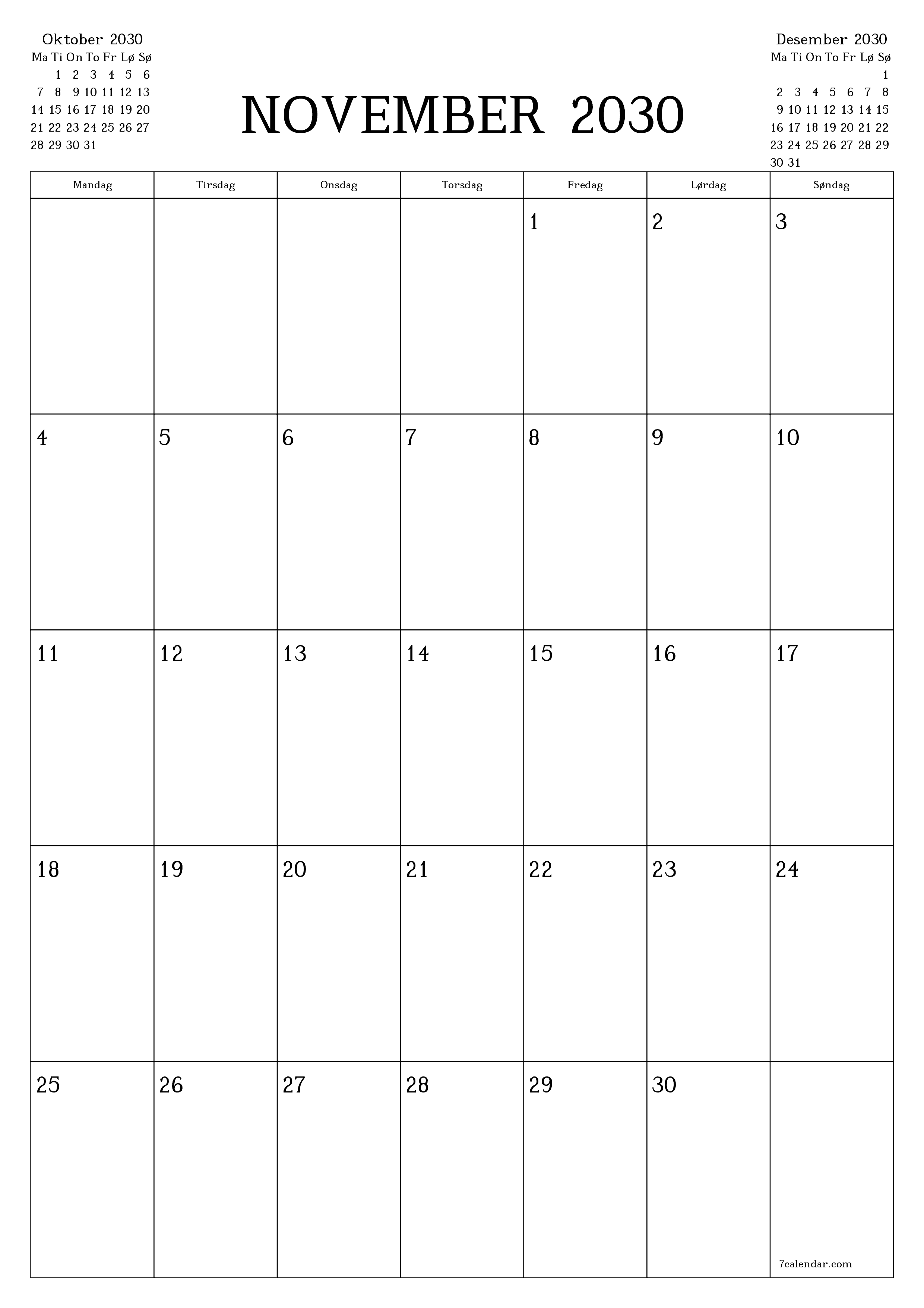 utskrivbar vegg mal gratis vertikal Månedlig planlegger kalender November (Nov) 2030