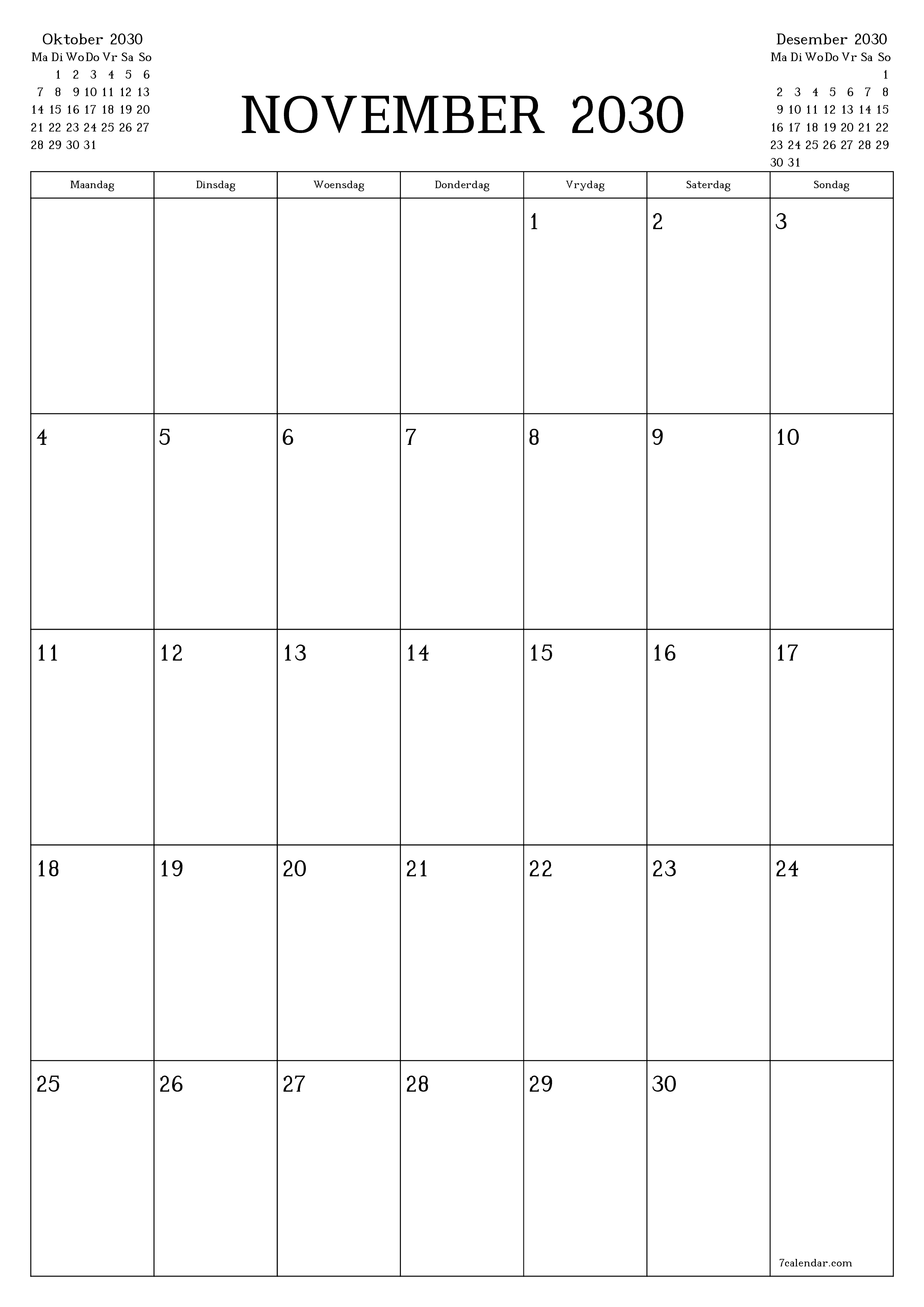 drukbare muur template gratis vertikaal Maandeliks beplanner kalender November (Nov) 2030