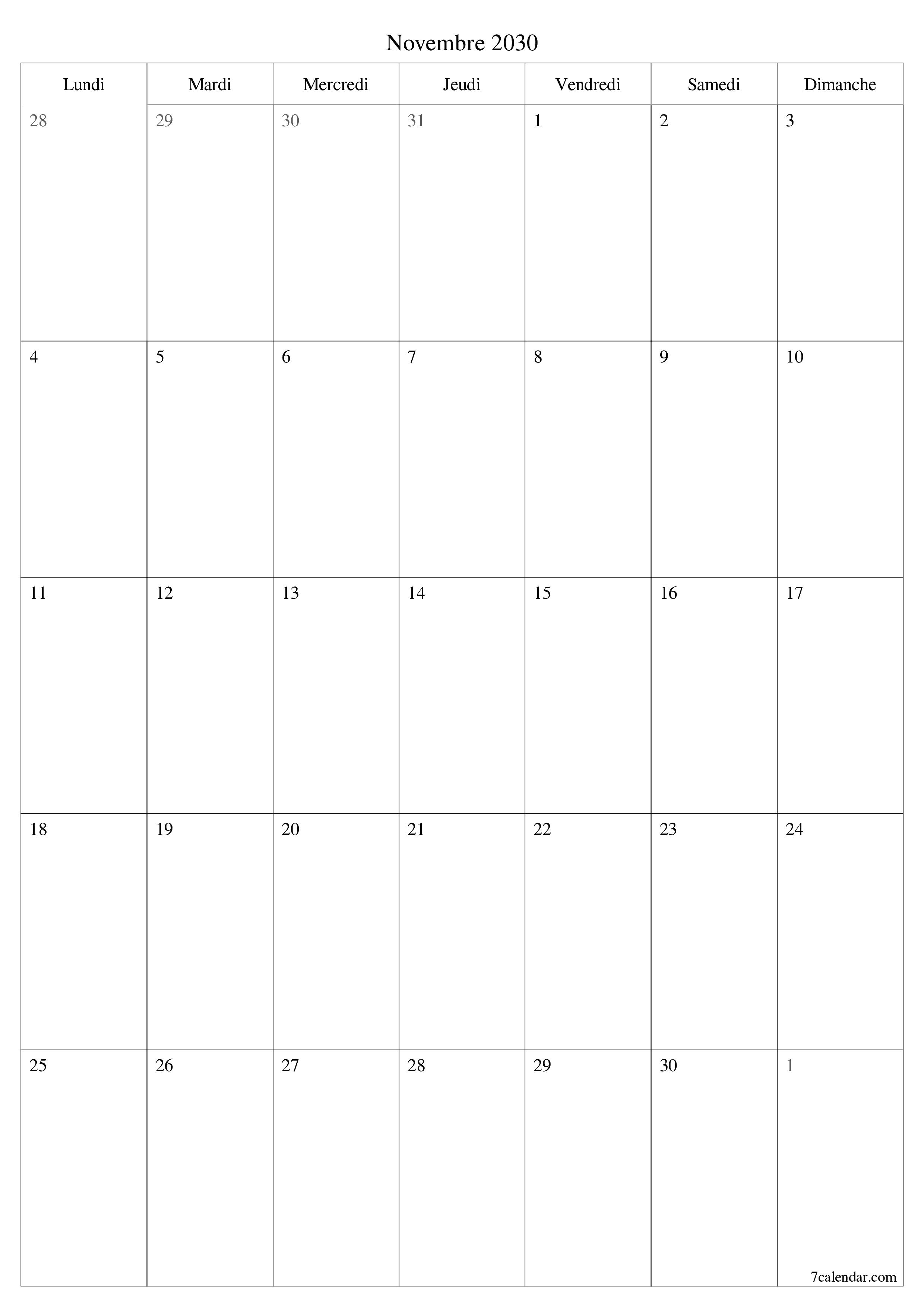 Agenda mensuel vide pour le mois Novembre 2030 avec notes, enregistrez et imprimez au format PDF PNG French