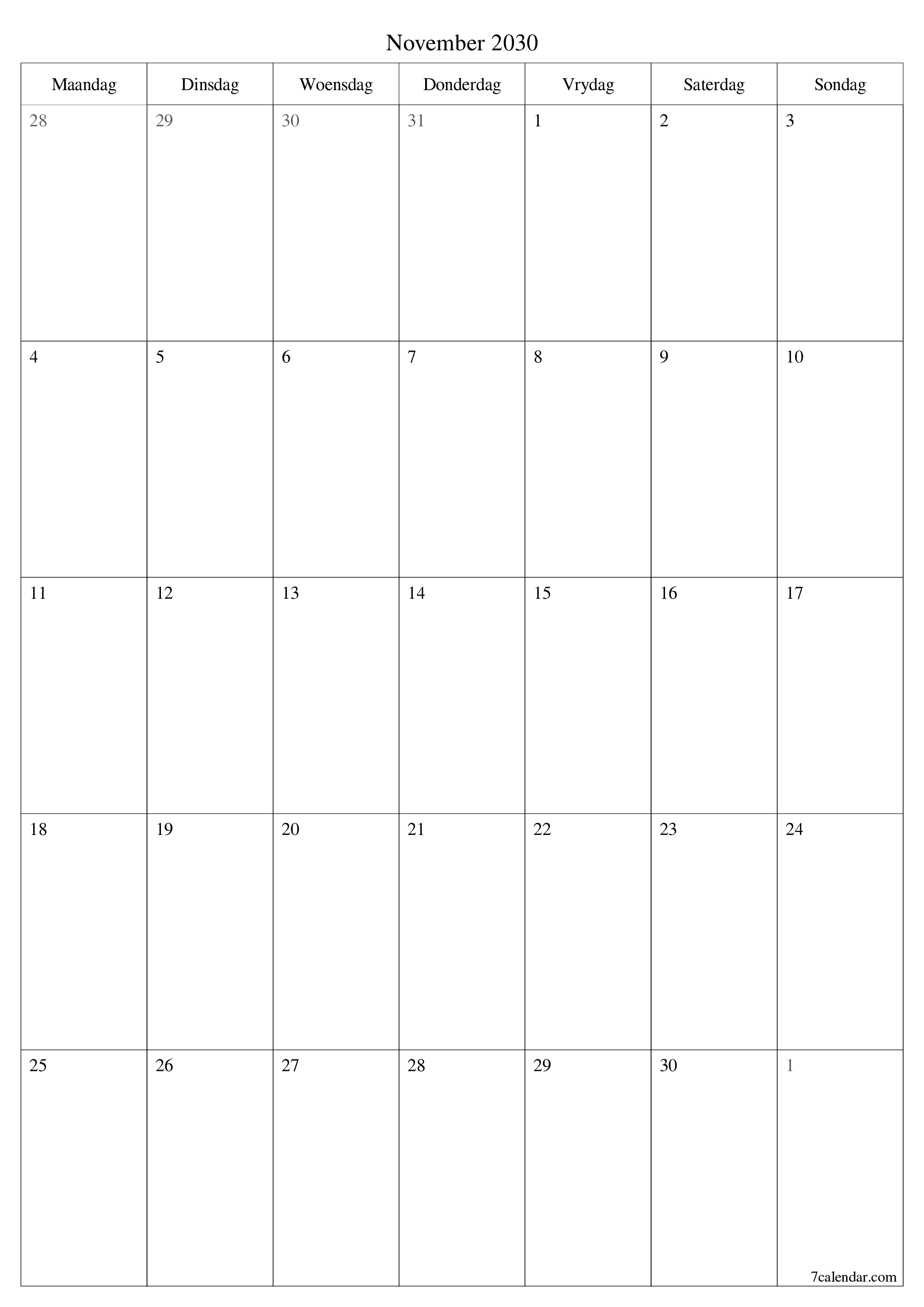 drukbare muur template gratis vertikaal Maandeliks beplanner kalender November (Nov) 2030