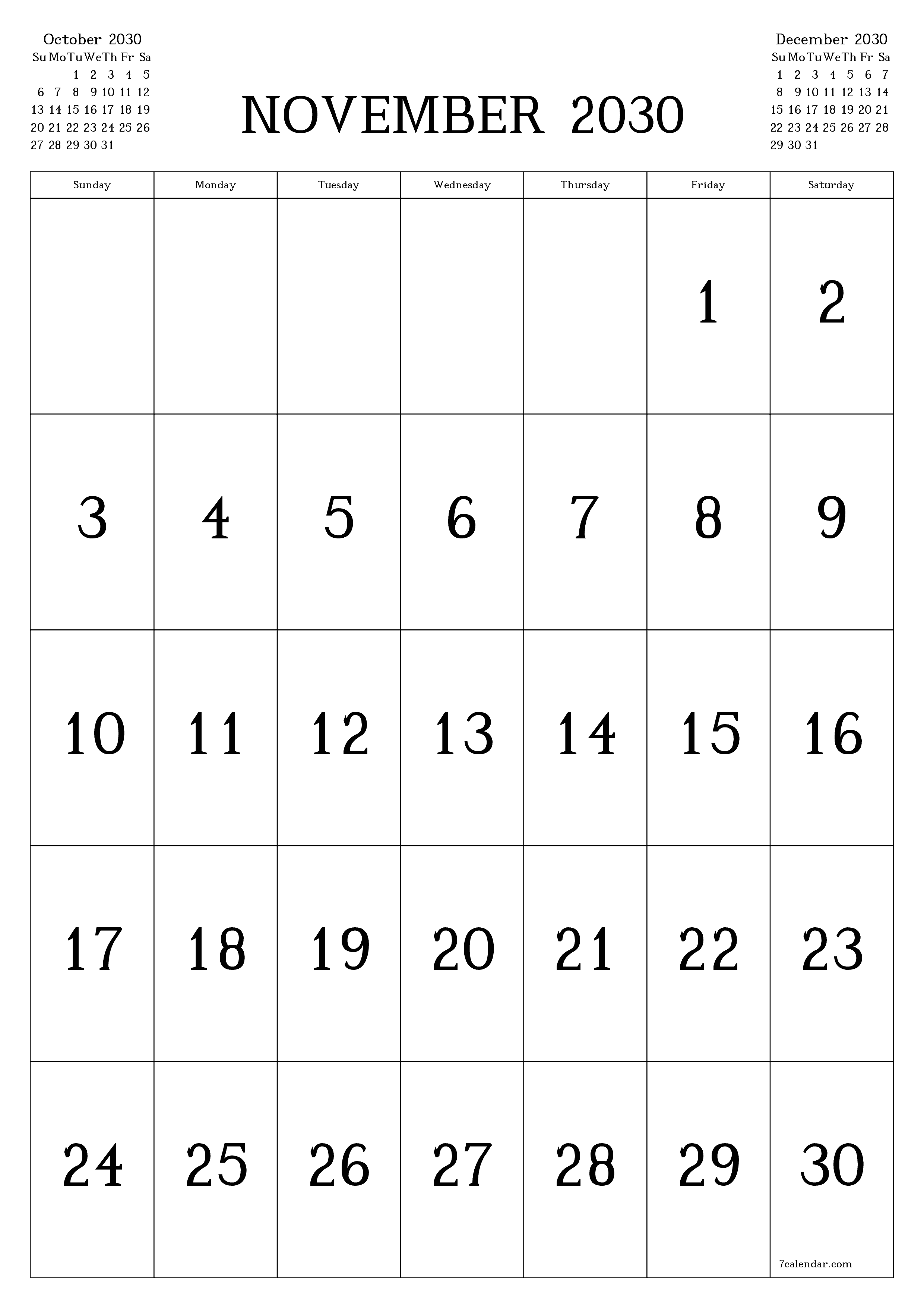 printable wall template free vertical Monthly calendar November (Nov) 2030