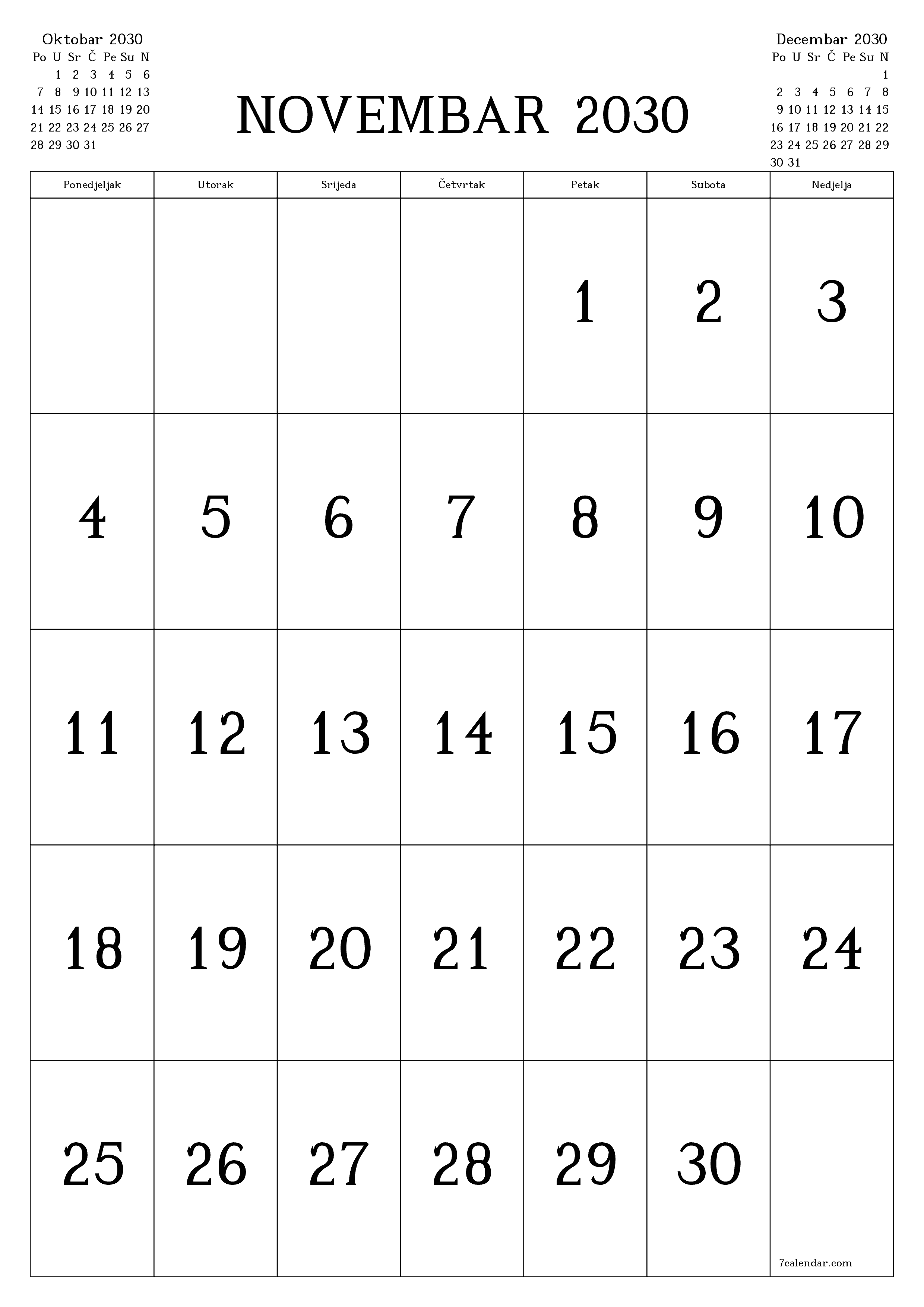  za štampanje zidni šablon a besplatni vertikalno Mjesečno kalendar Novembar (Nov) 2030