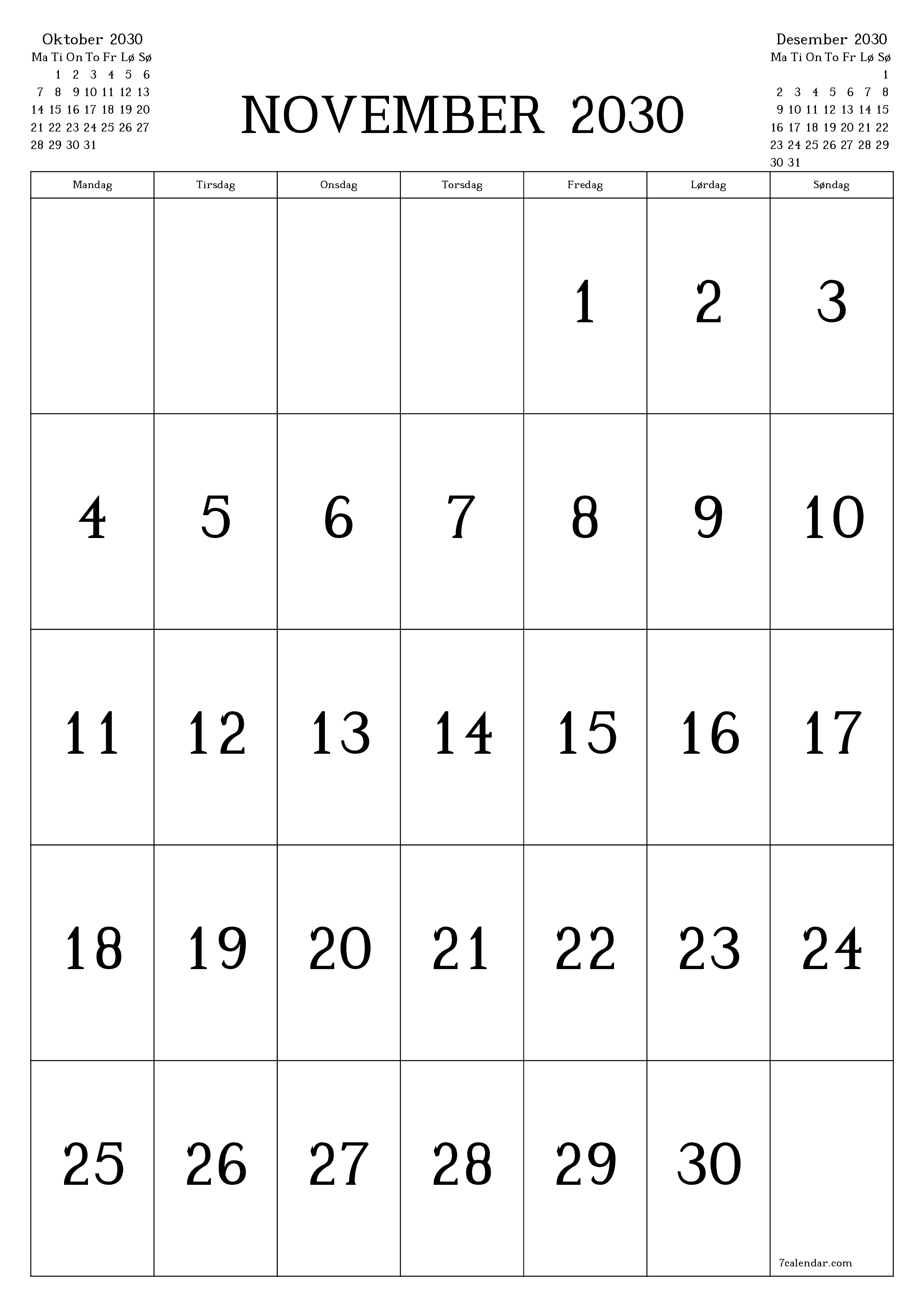 utskrivbar vegg mal gratis vertikal Månedlig kalender November (Nov) 2030