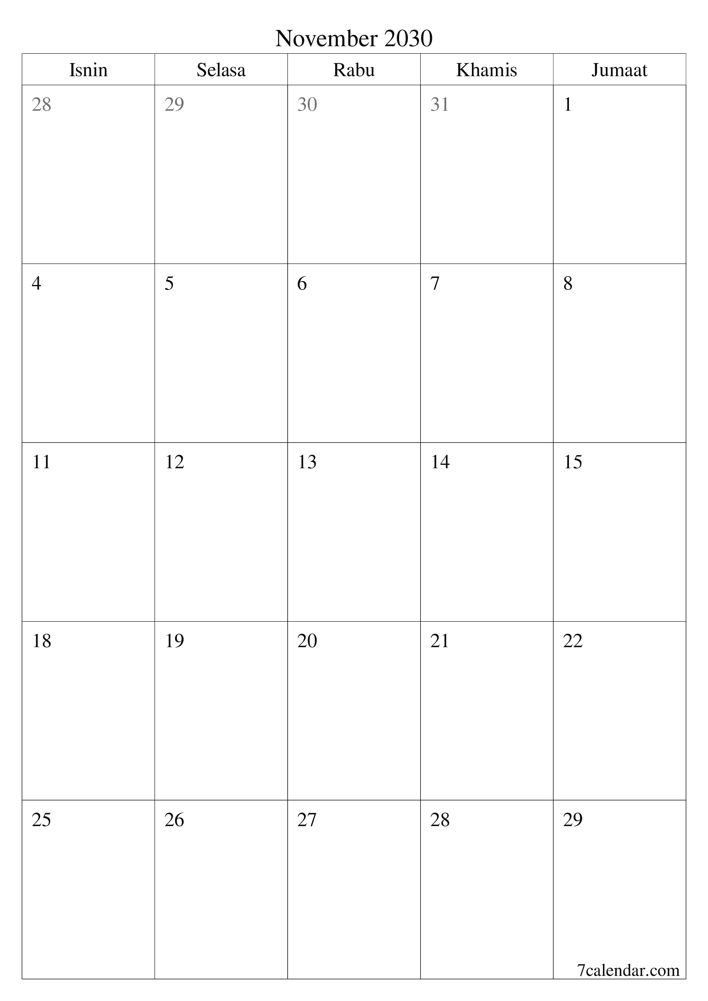  boleh cetak dinding templat percumamenegak Bulanan perancang kalendar November (Nov) 2030