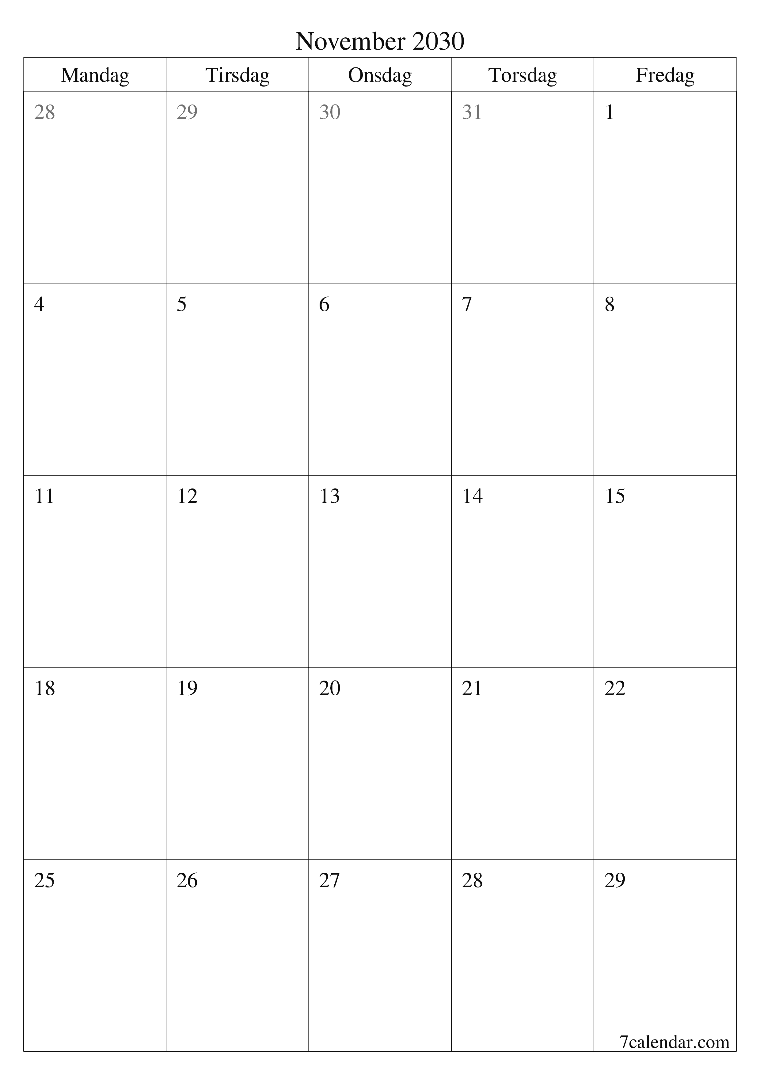 utskrivbar vegg mal gratis vertikal Månedlig planlegger kalender November (Nov) 2030
