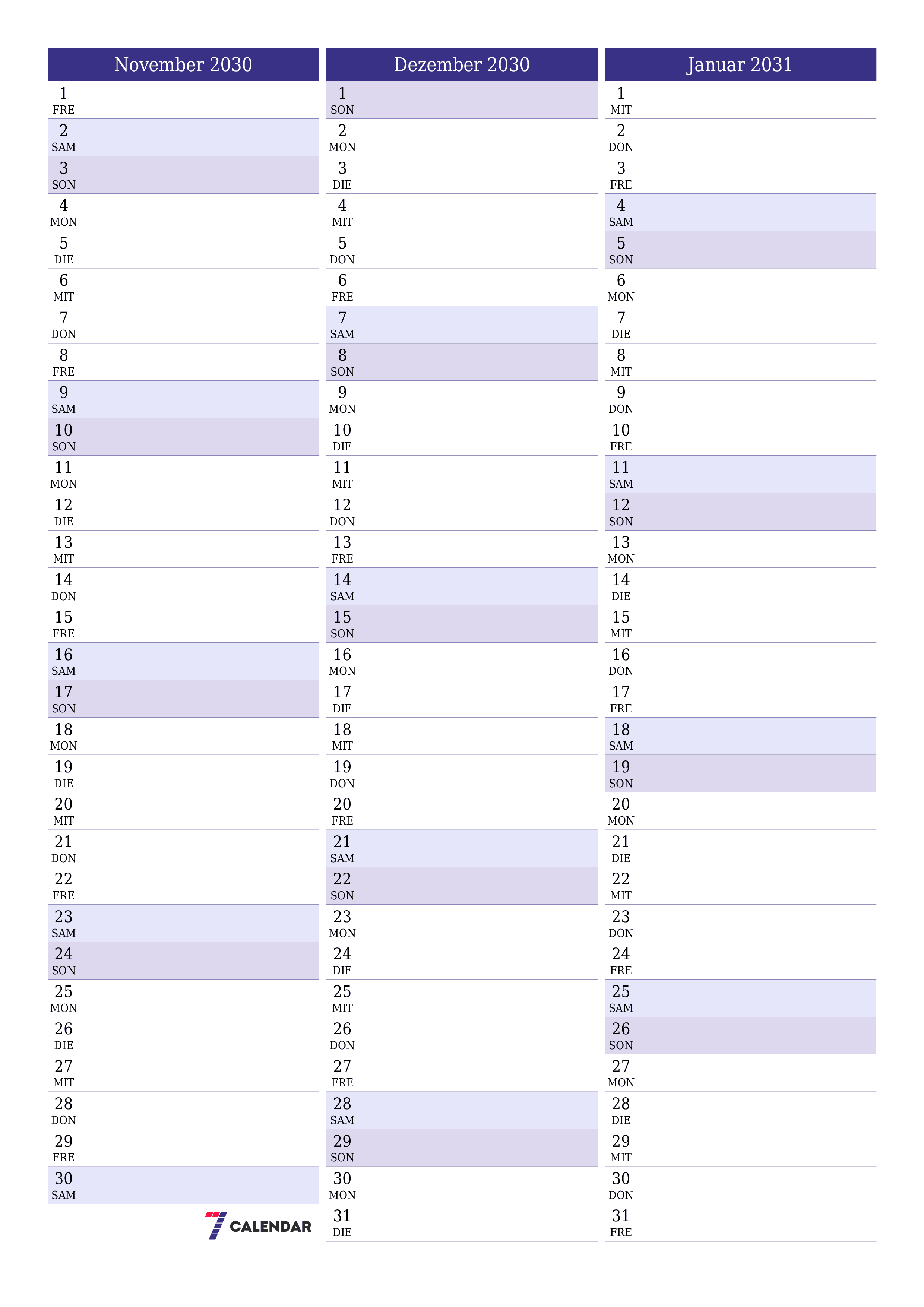  zum Ausdrucken Wandkalender vorlage kostenloser vertikal Monatlich Planer Kalender November (Nov) 2030