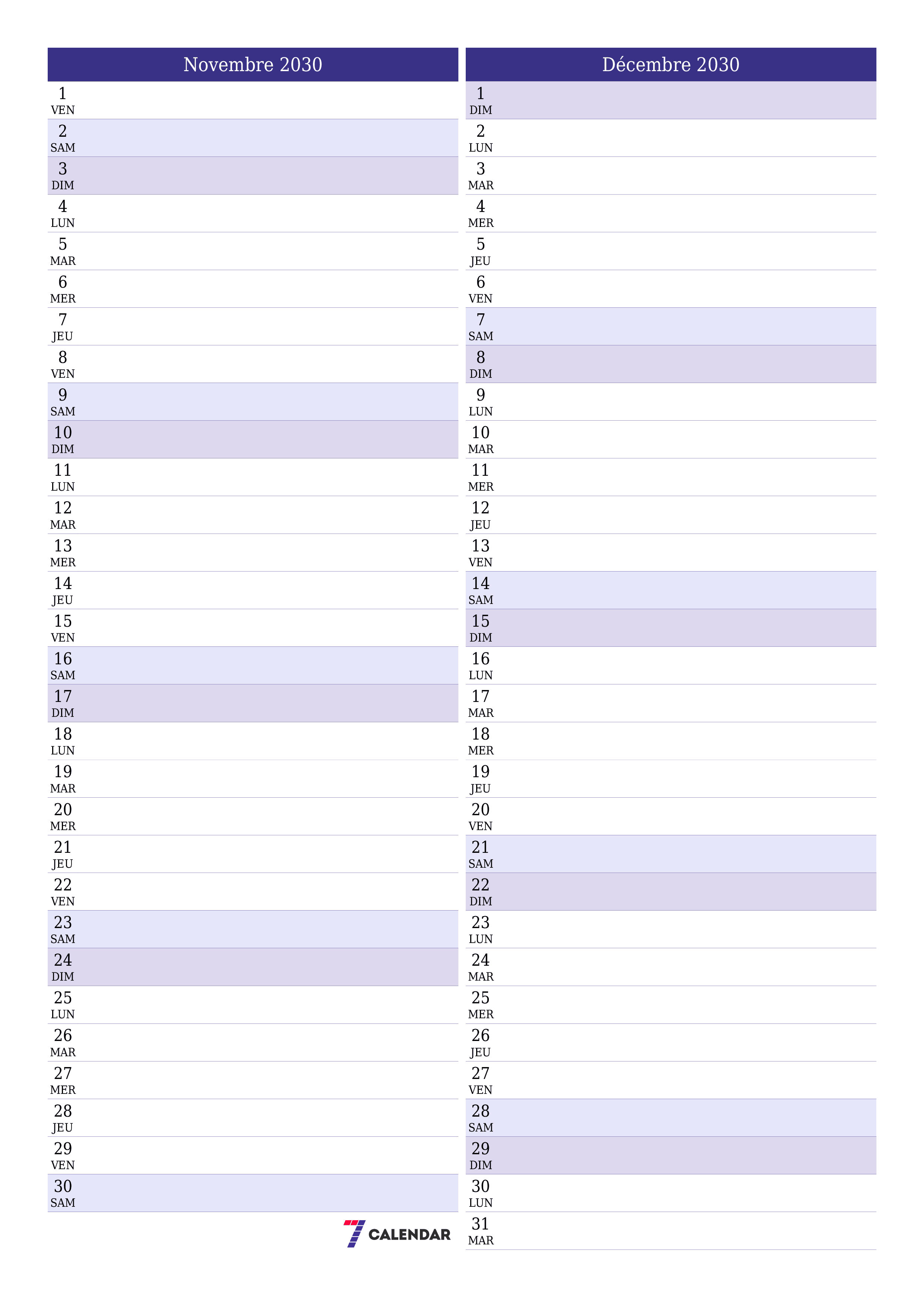  imprimable mural modèle de gratuitverticale Mensuel planificateur calendrier Novembre (Nov) 2030