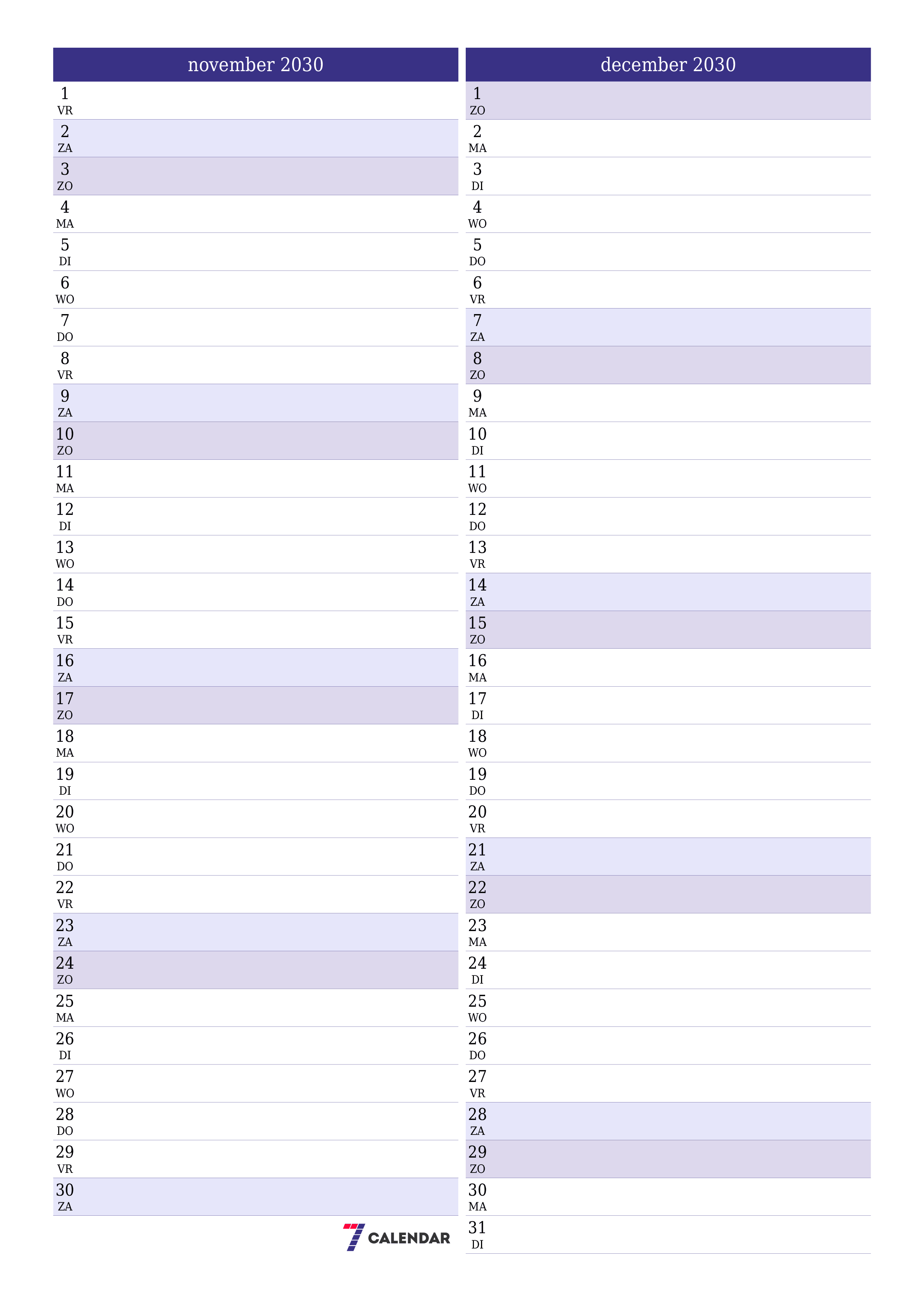 afdrukbare muur sjabloon gratis verticaal Maandelijks planner kalender november (nov) 2030