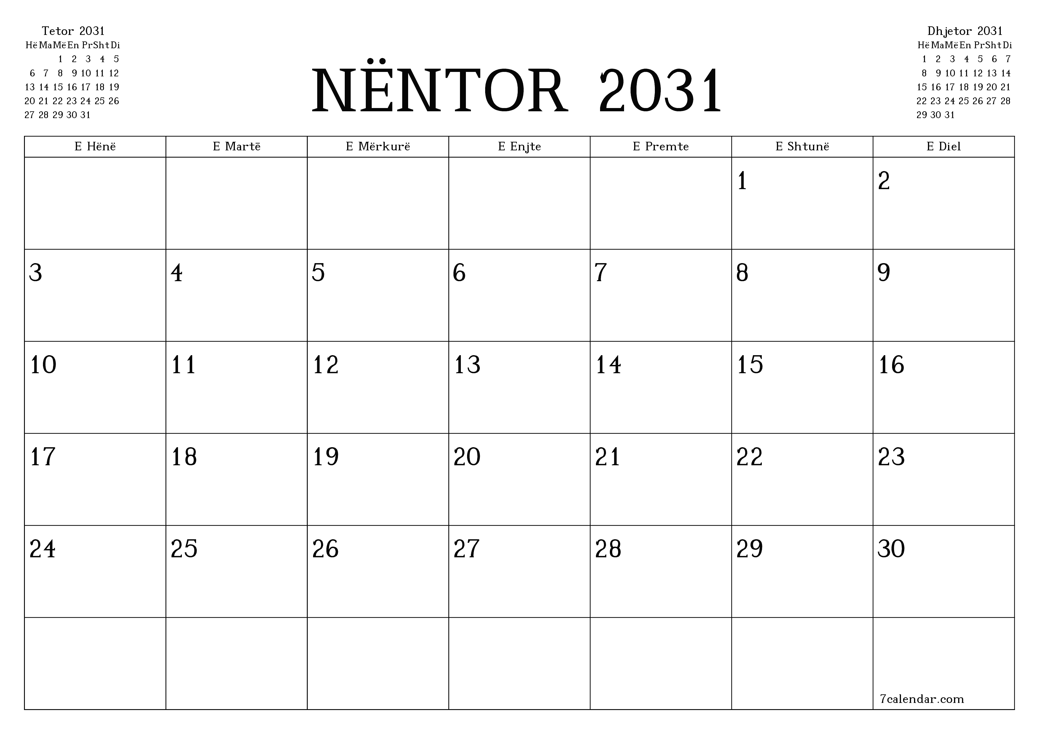Planifikuesi i zbrazët i kalendarit mujor për muajin Nëntor 2031 me shënime të ruajtura dhe të printuara në PDF PNG Albanian