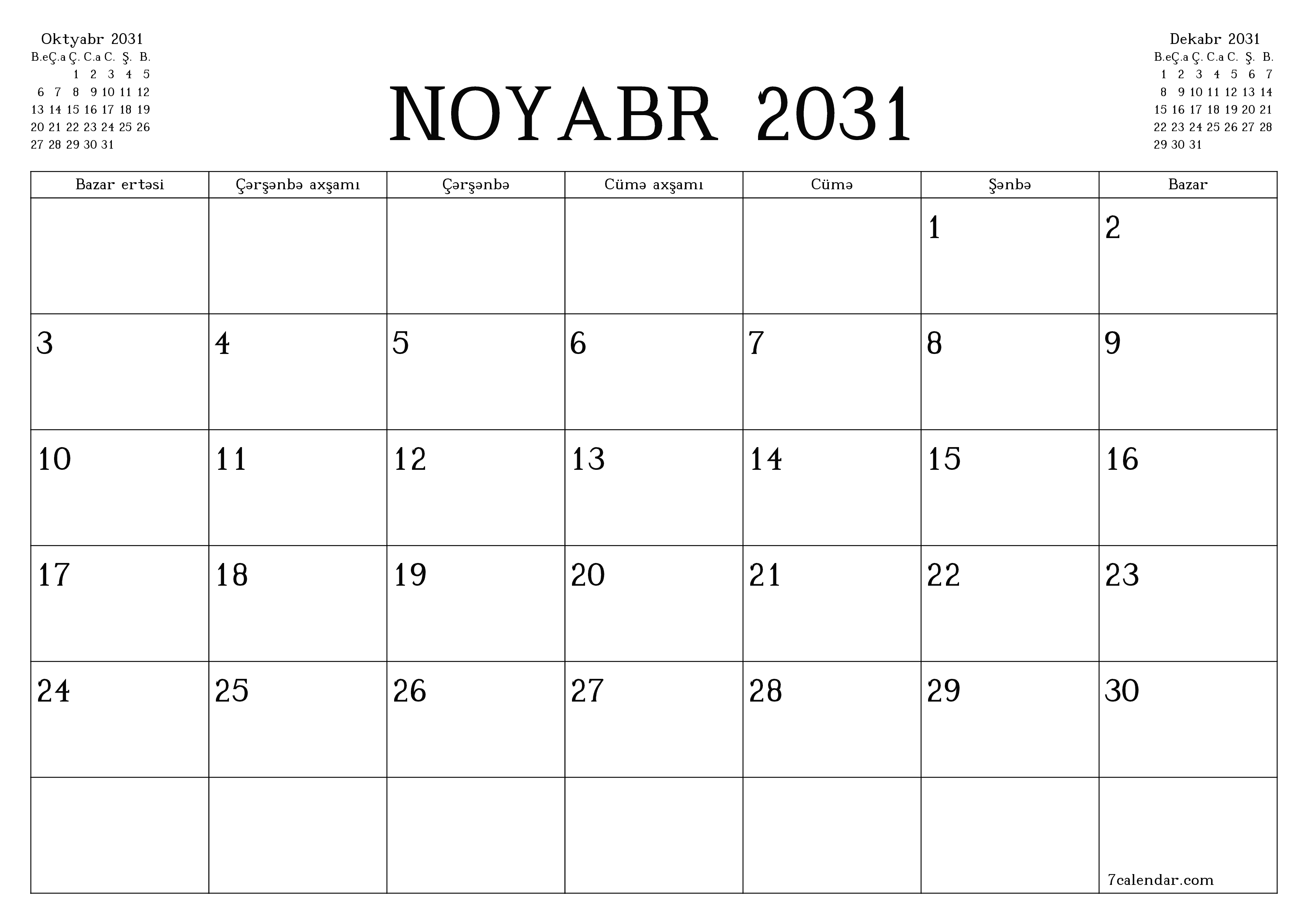 Noyabr 2031 ayı üçün qeydlər ilə boş aylıq planlayıcı, qeyd edin və PDF-ə yazdırın PNG Azerbaijani