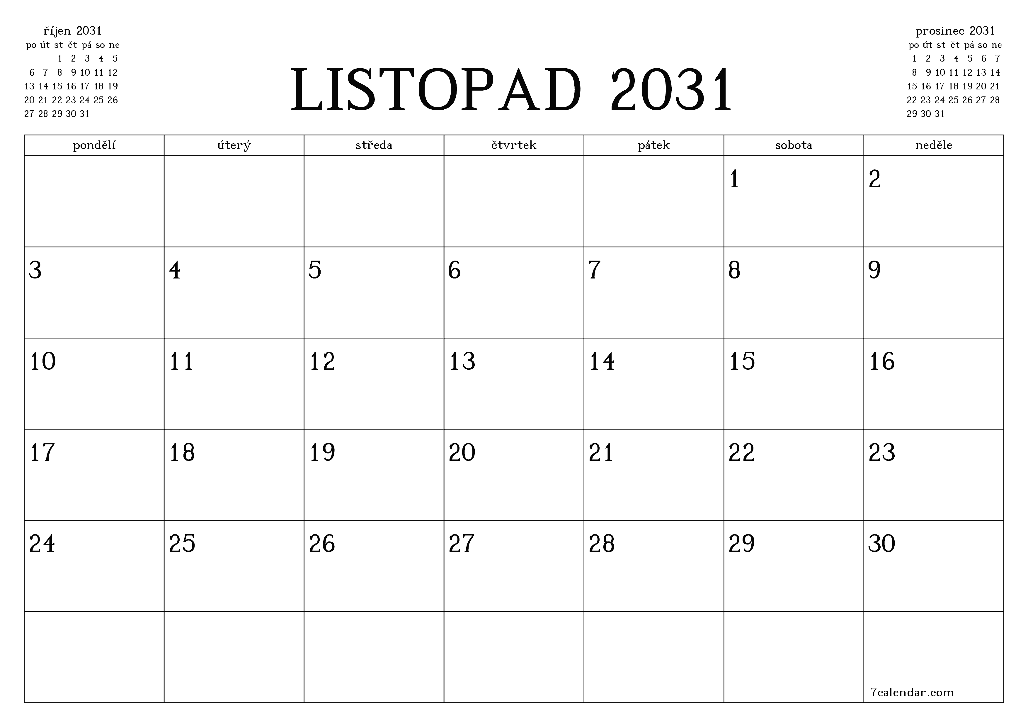 Vyprázdnit měsíční plánovač na měsíc listopad 2031 s poznámkami, uložit a vytisknout do PDF PNG Czech