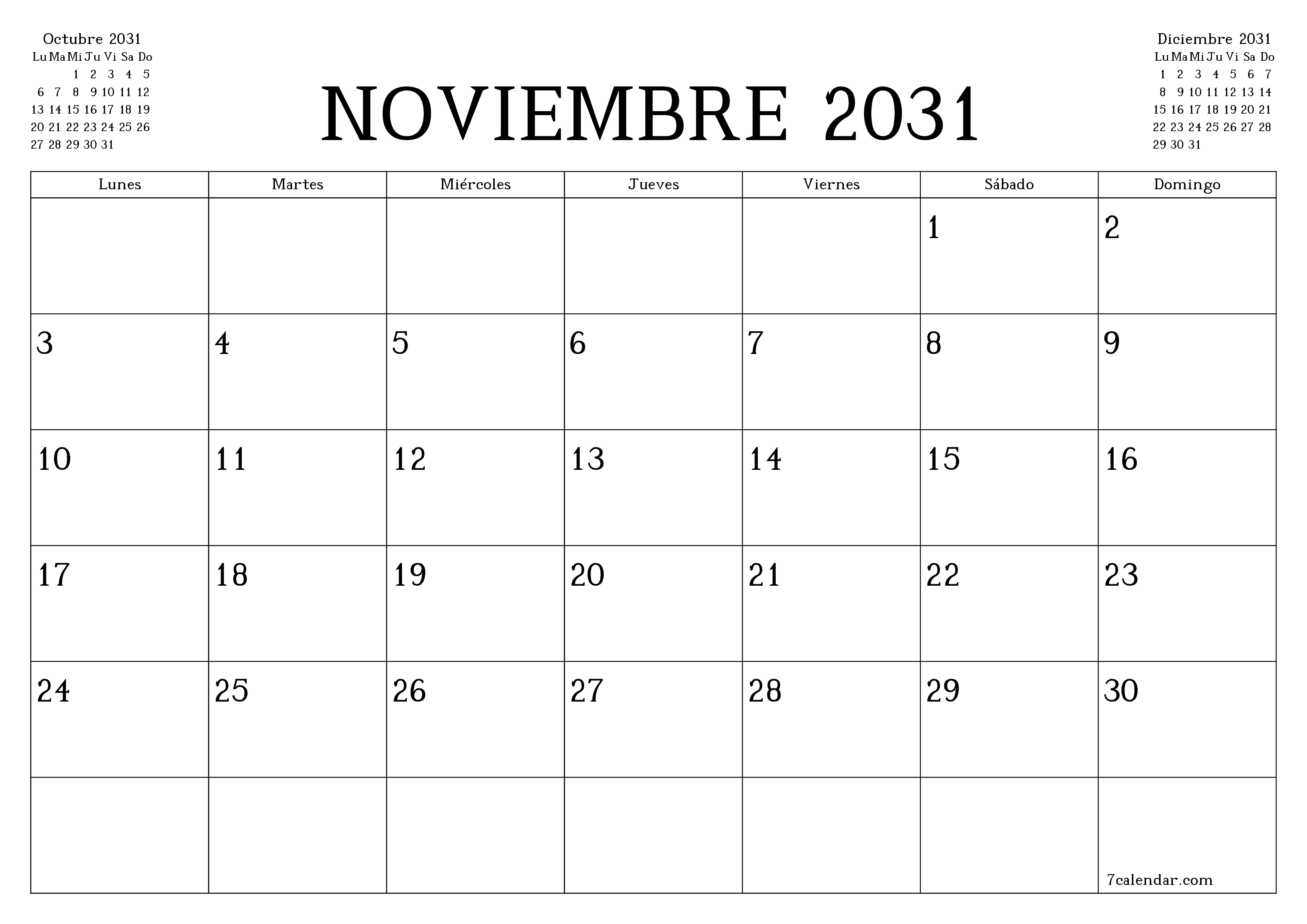 Planificador mensual vacío para el mes Noviembre 2031 con notas, guardar e imprimir en PDF PNG Spanish