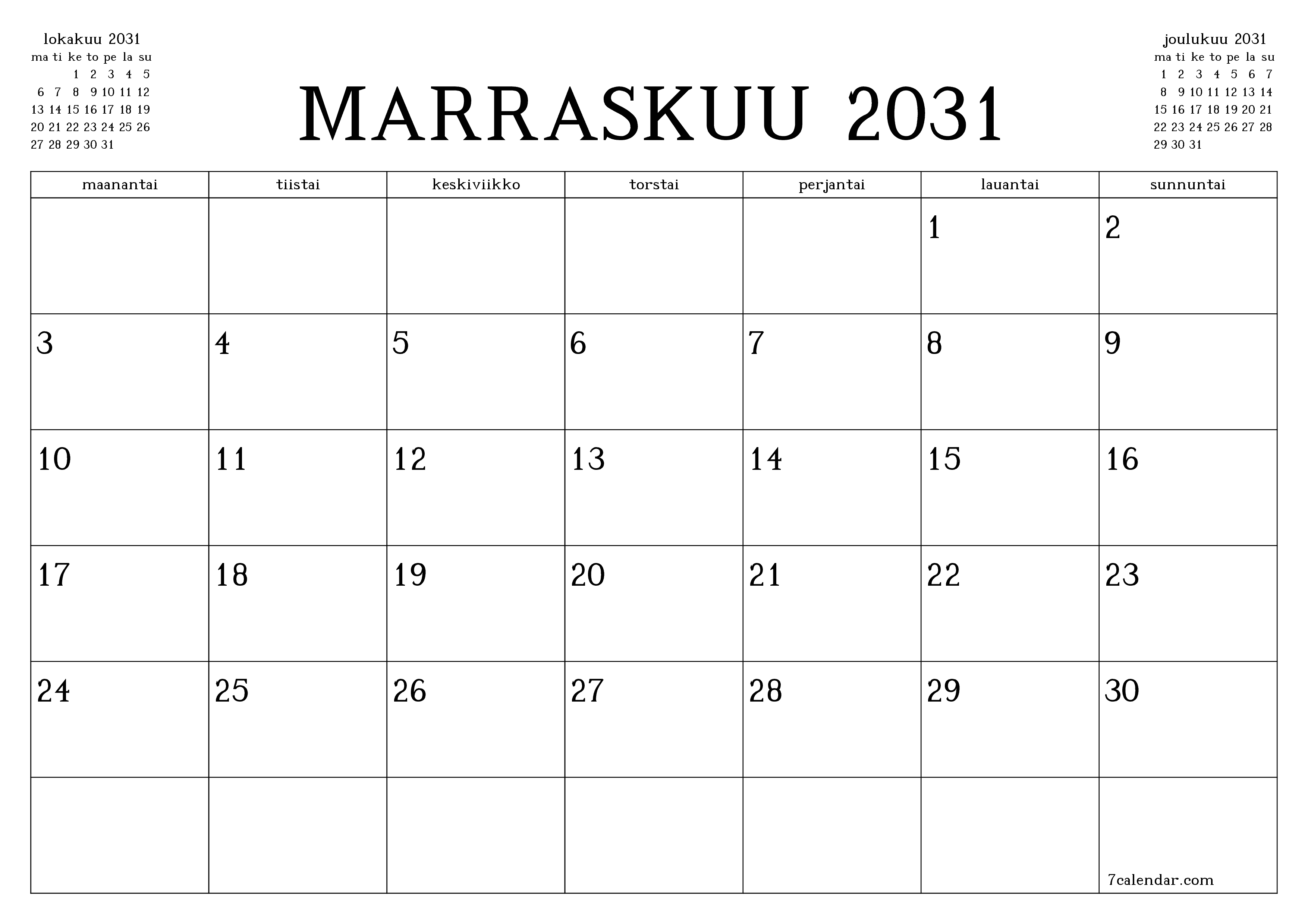 Tyhjennä kuukausittainen suunnittelija kuukaudelle Marraskuu 2031 muistiinpanoilla, tallenna ja tulosta PDF-muotoon PNG Finnish