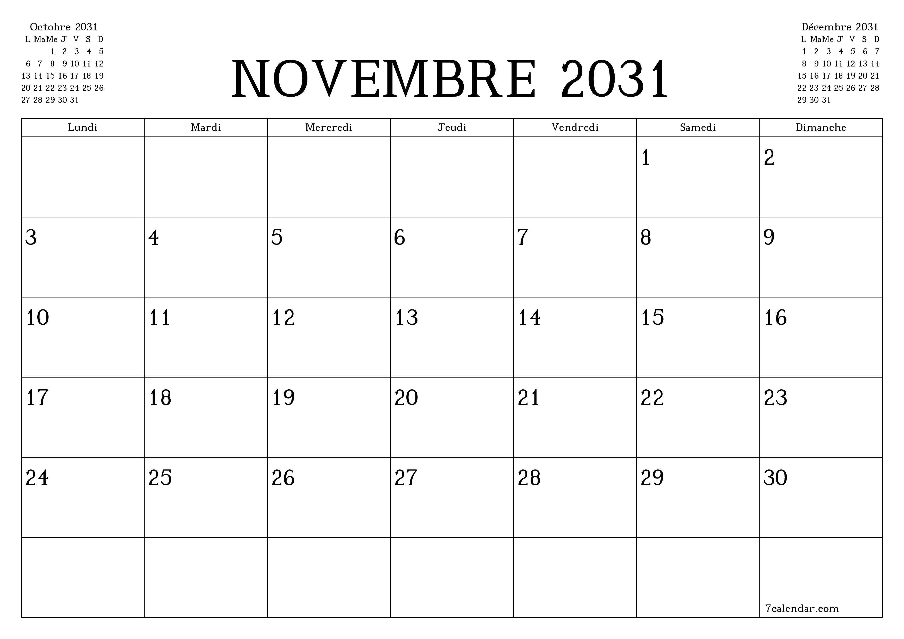 Agenda mensuel vide pour le mois Novembre 2031 avec notes, enregistrez et imprimez au format PDF PNG French
