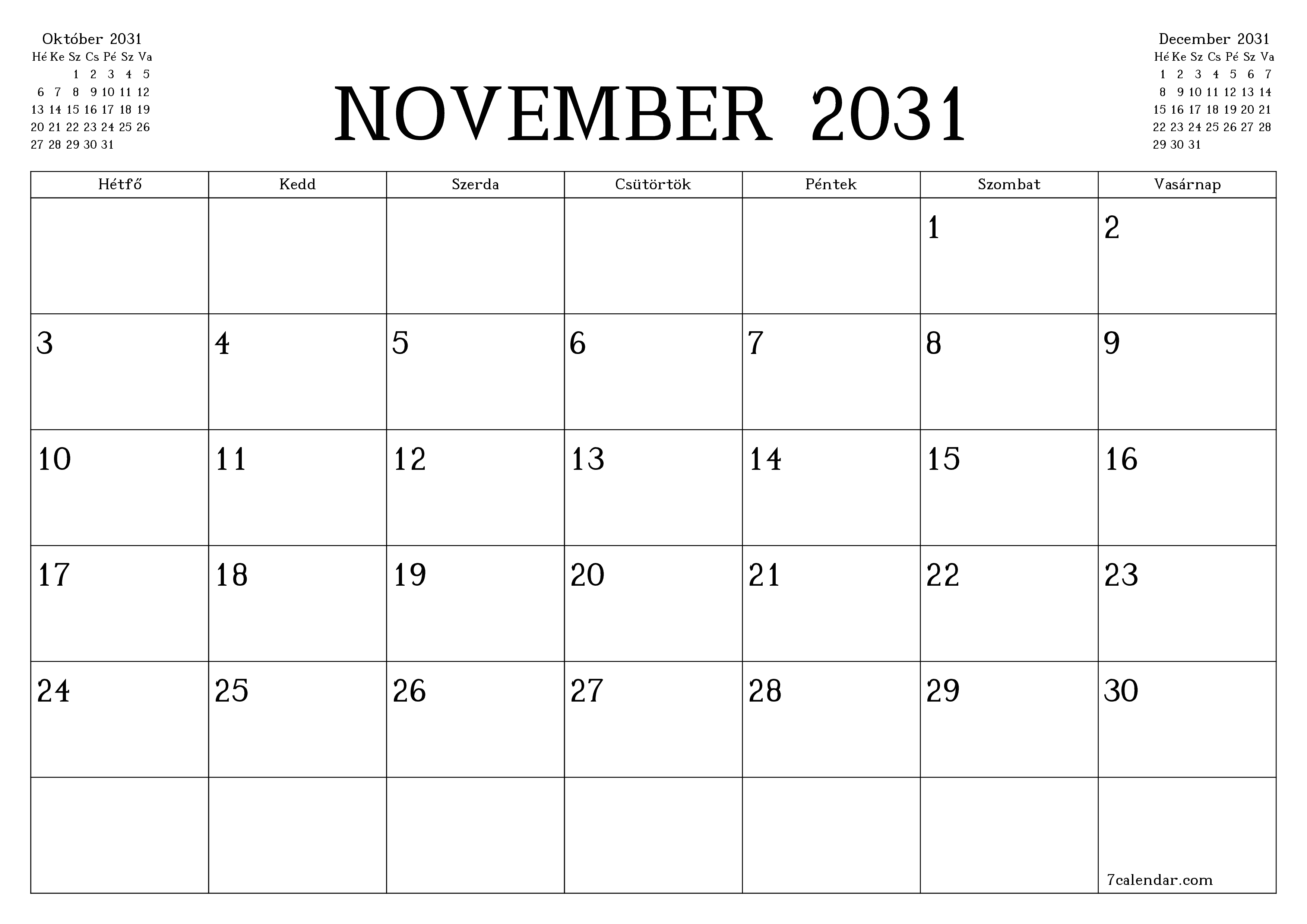 Üres havi tervező a November 2031 hónapra jegyzetekkel, mentés és nyomtatás PDF-be PNG Hungarian