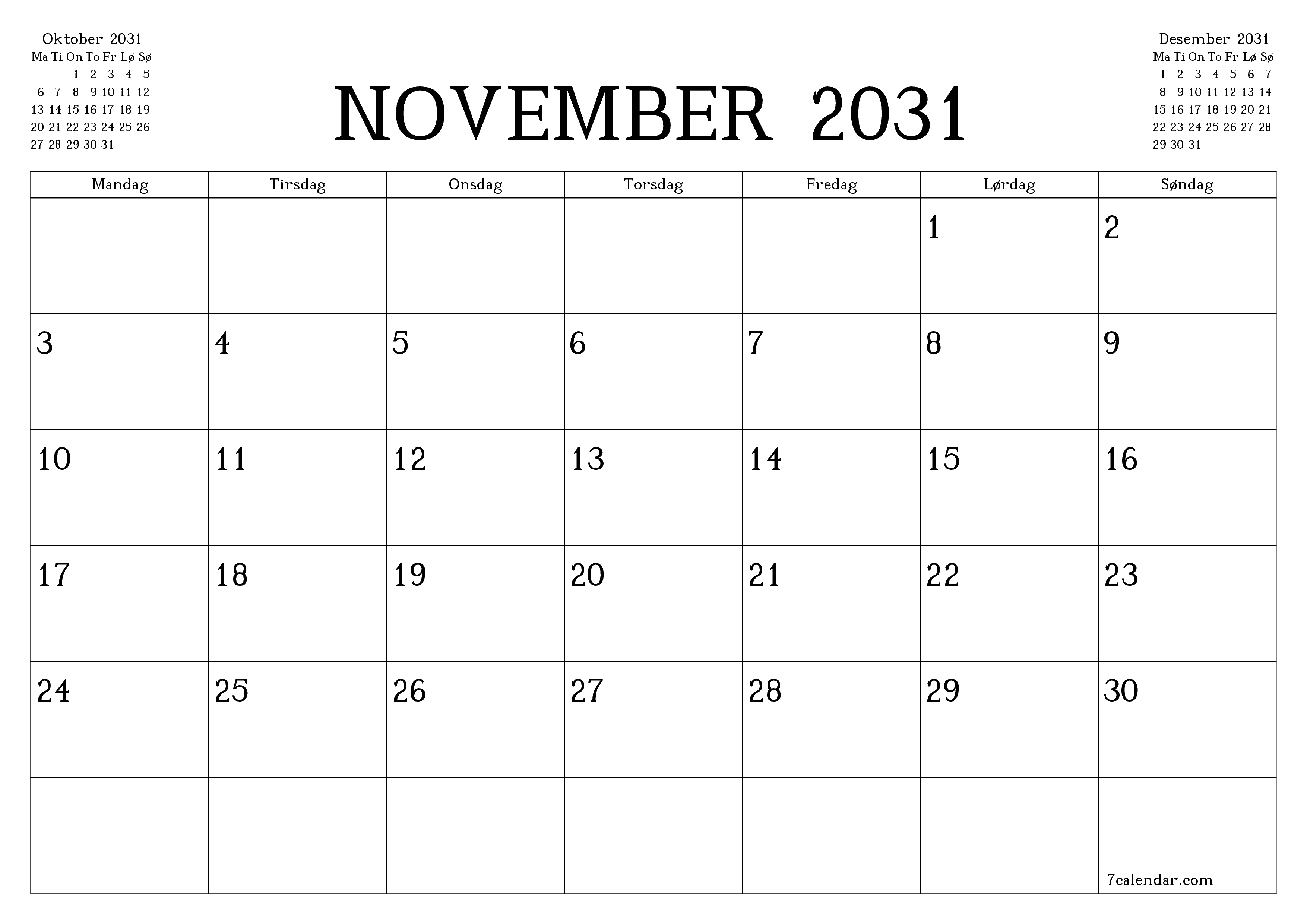 Tom månedlig planlegger for måned November 2031 med notater, lagre og skriv ut til PDF PNG Norwegian