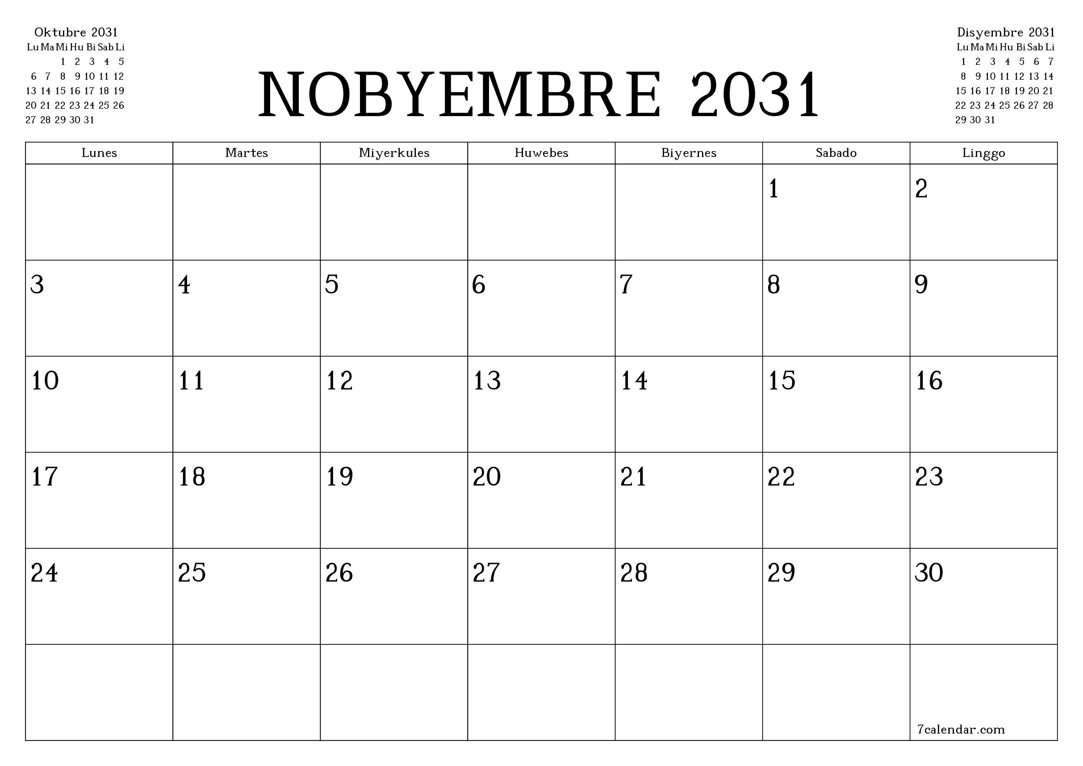 Walang laman na buwanang tagaplano para sa buwan na Nobyembre 2031 na may mga tala, i-save at i-print sa PDF PNG Filipino
