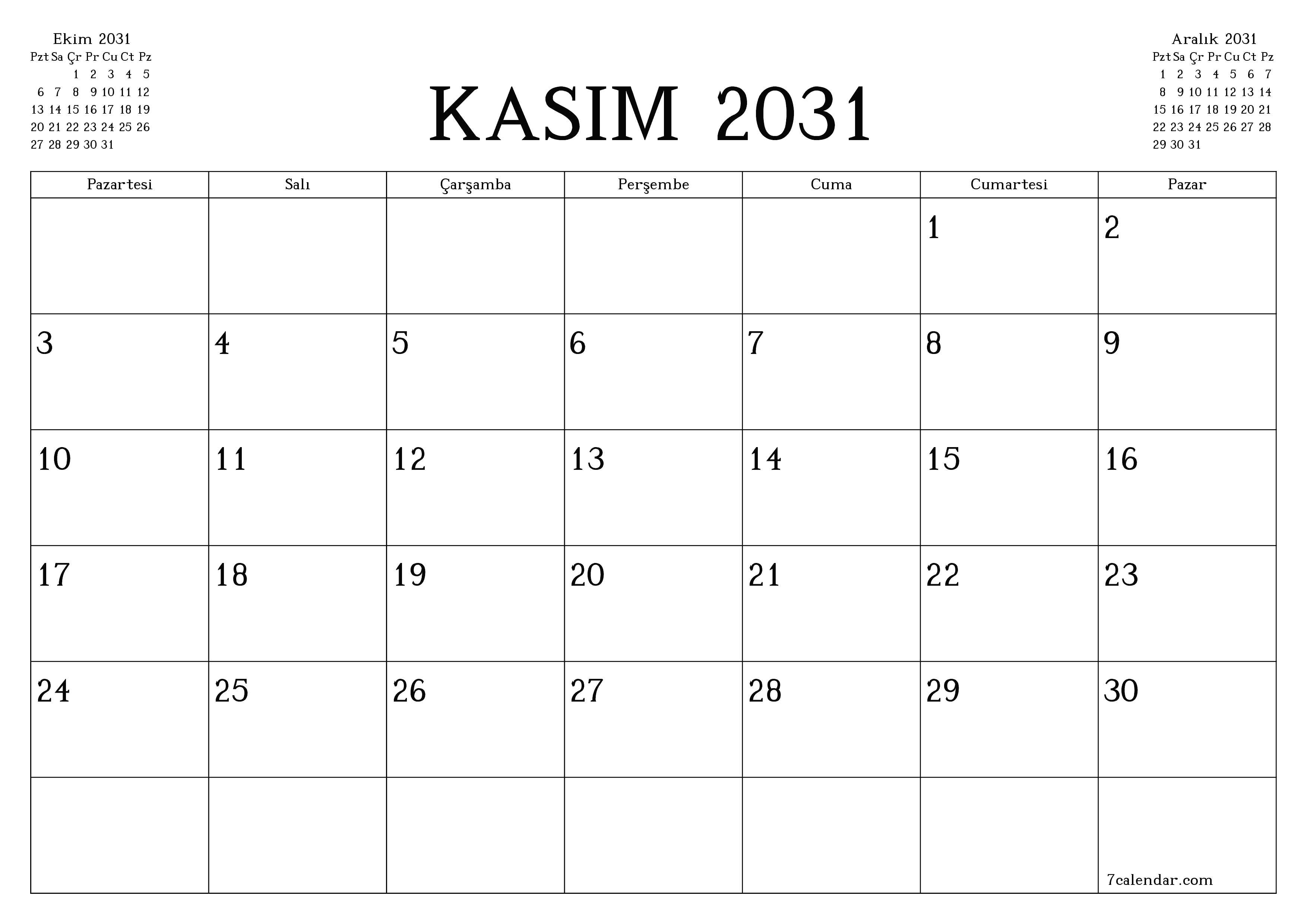 Kasım 2031 ayı için notlarla birlikte boş aylık planlayıcı, kaydedin ve PDF'ye yazdırın PNG Turkish