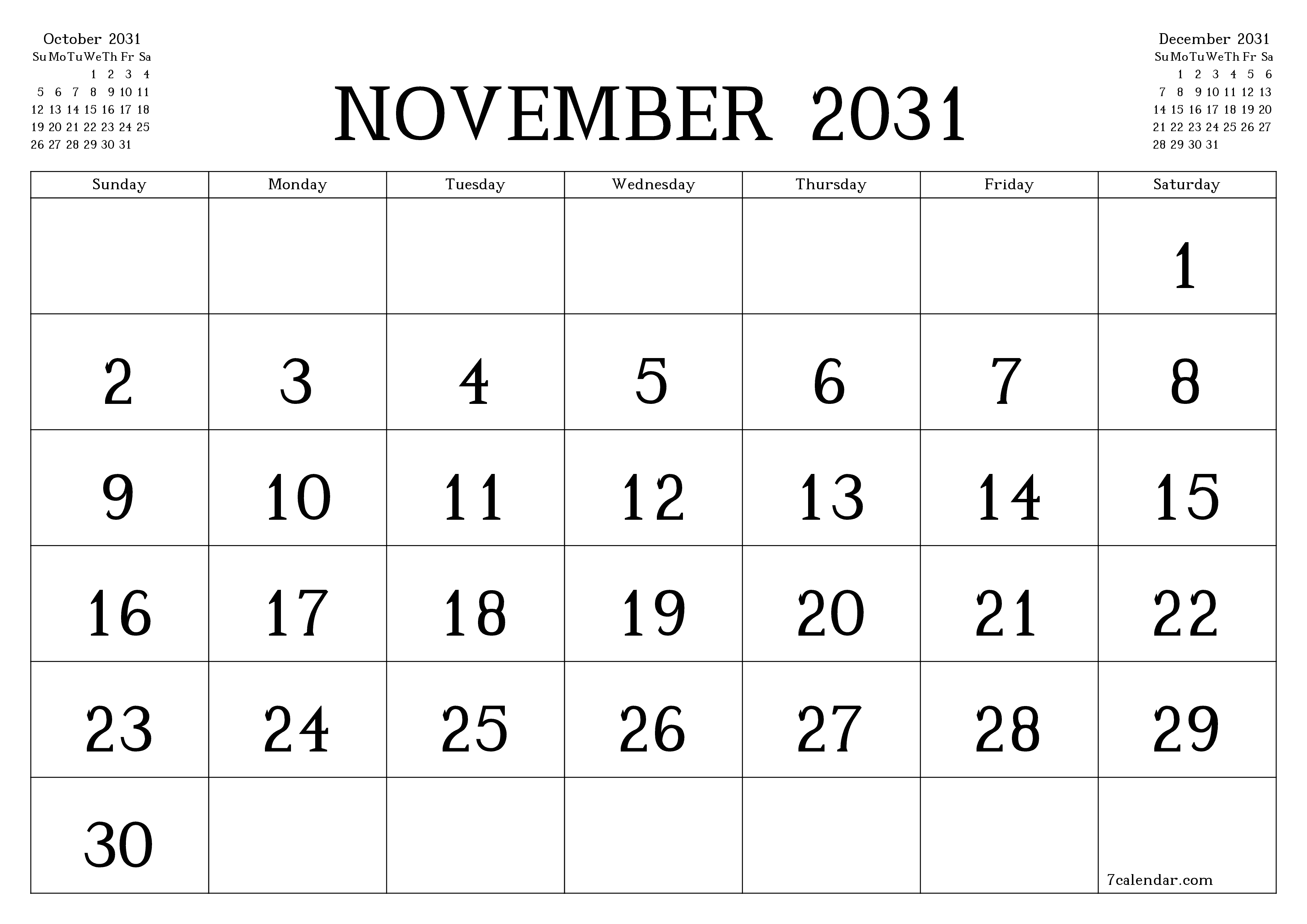 Blank calendar November 2031