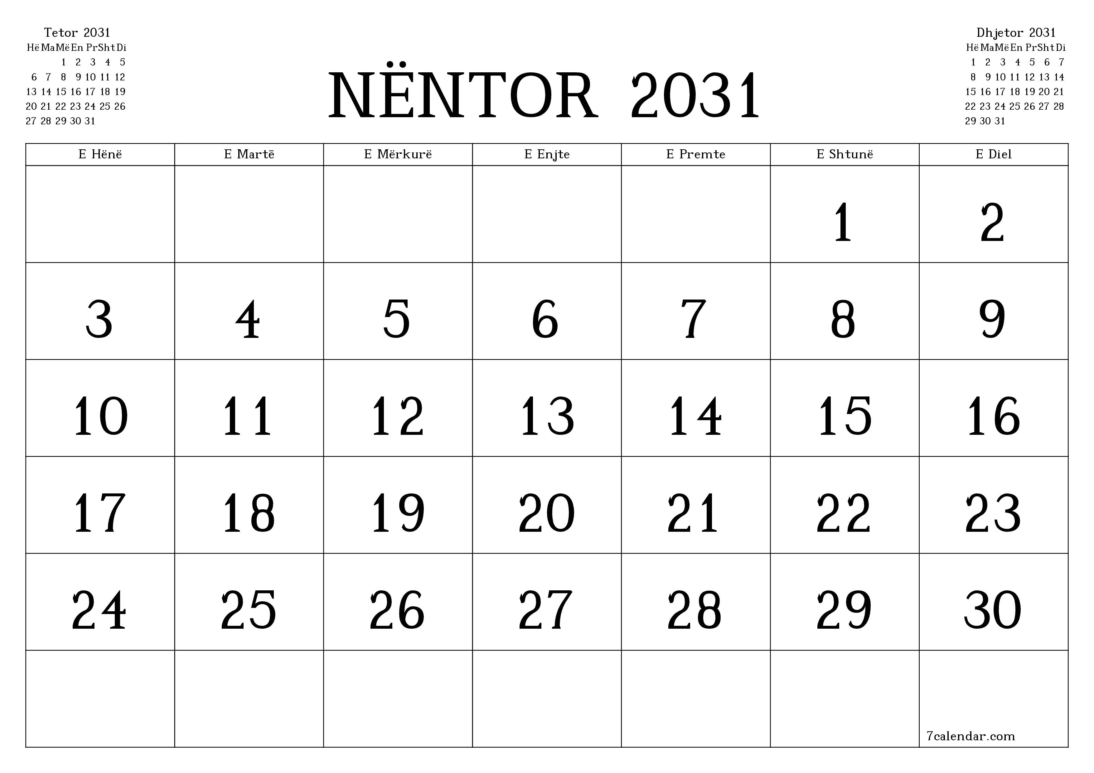 Planifikuesi i zbrazët i kalendarit mujor për muajin Nëntor 2031 me shënime të ruajtura dhe të printuara në PDF PNG Albanian