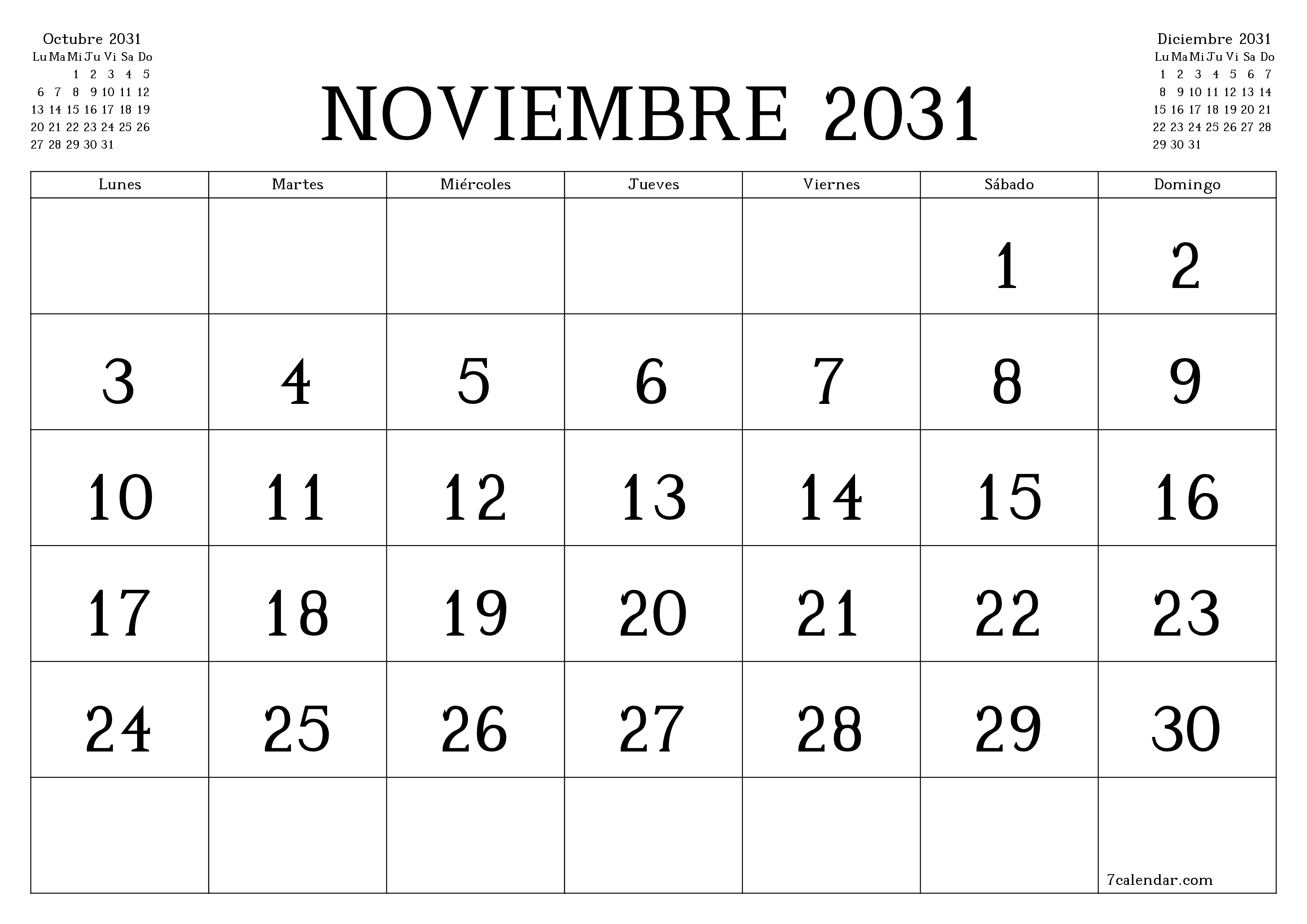 Planificador mensual vacío para el mes Noviembre 2031 con notas, guardar e imprimir en PDF PNG Spanish