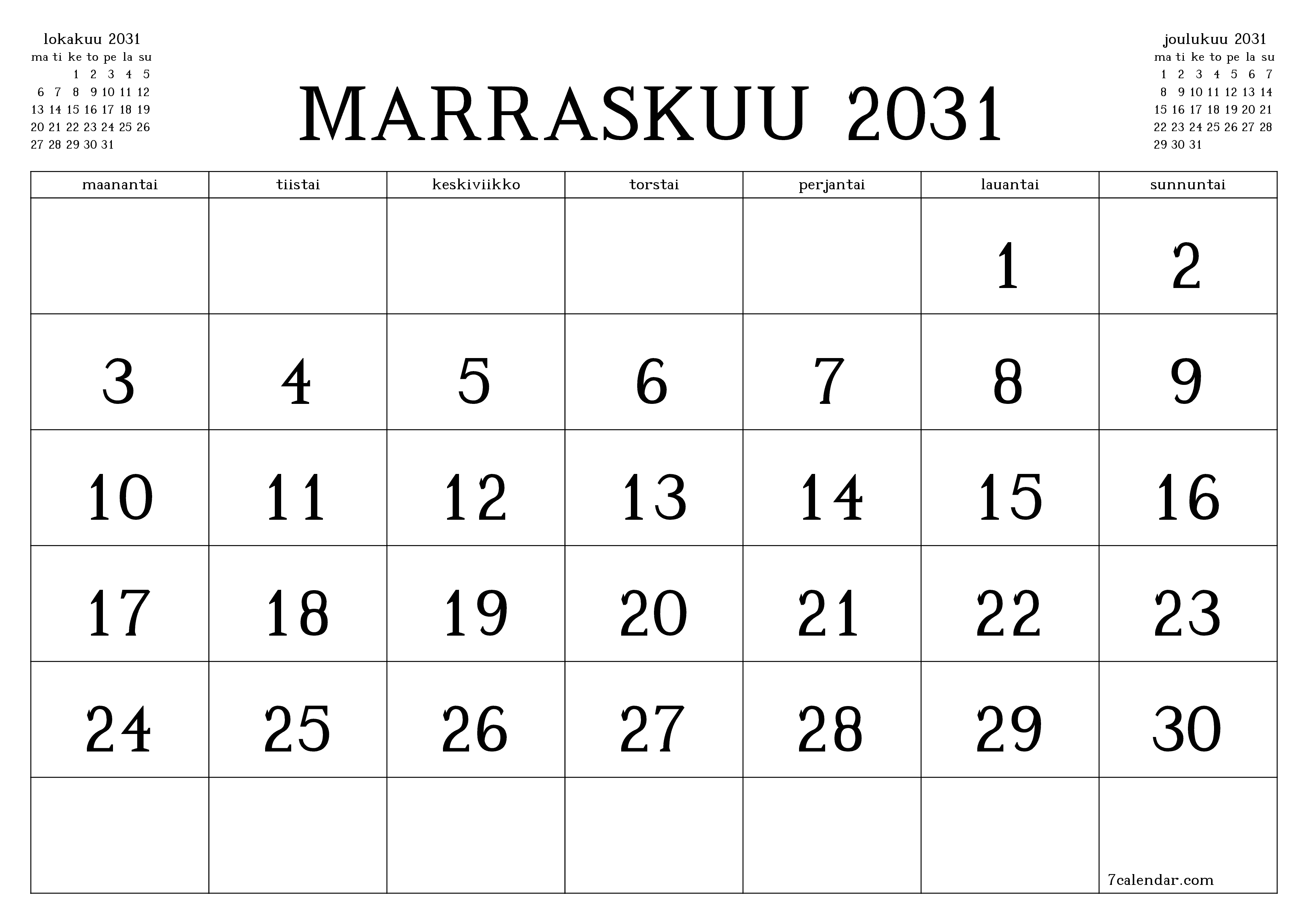 Tyhjennä kuukausittainen suunnittelija kuukaudelle Marraskuu 2031 muistiinpanoilla, tallenna ja tulosta PDF-muotoon PNG Finnish