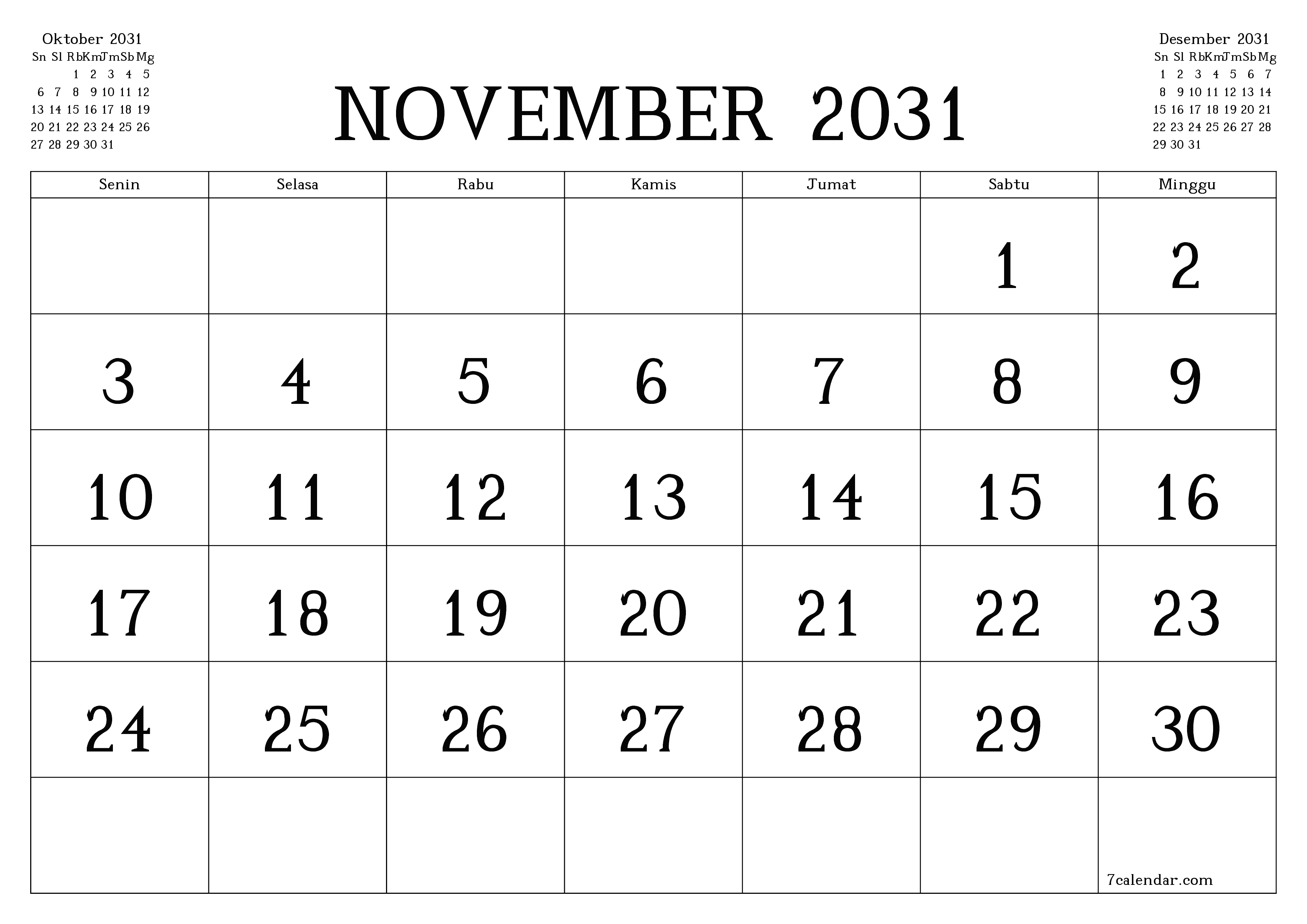 Kosongkan agenda bulanan untuk bulan November 2031 dengan catatan, simpan dan cetak ke PDF PNG Indonesian