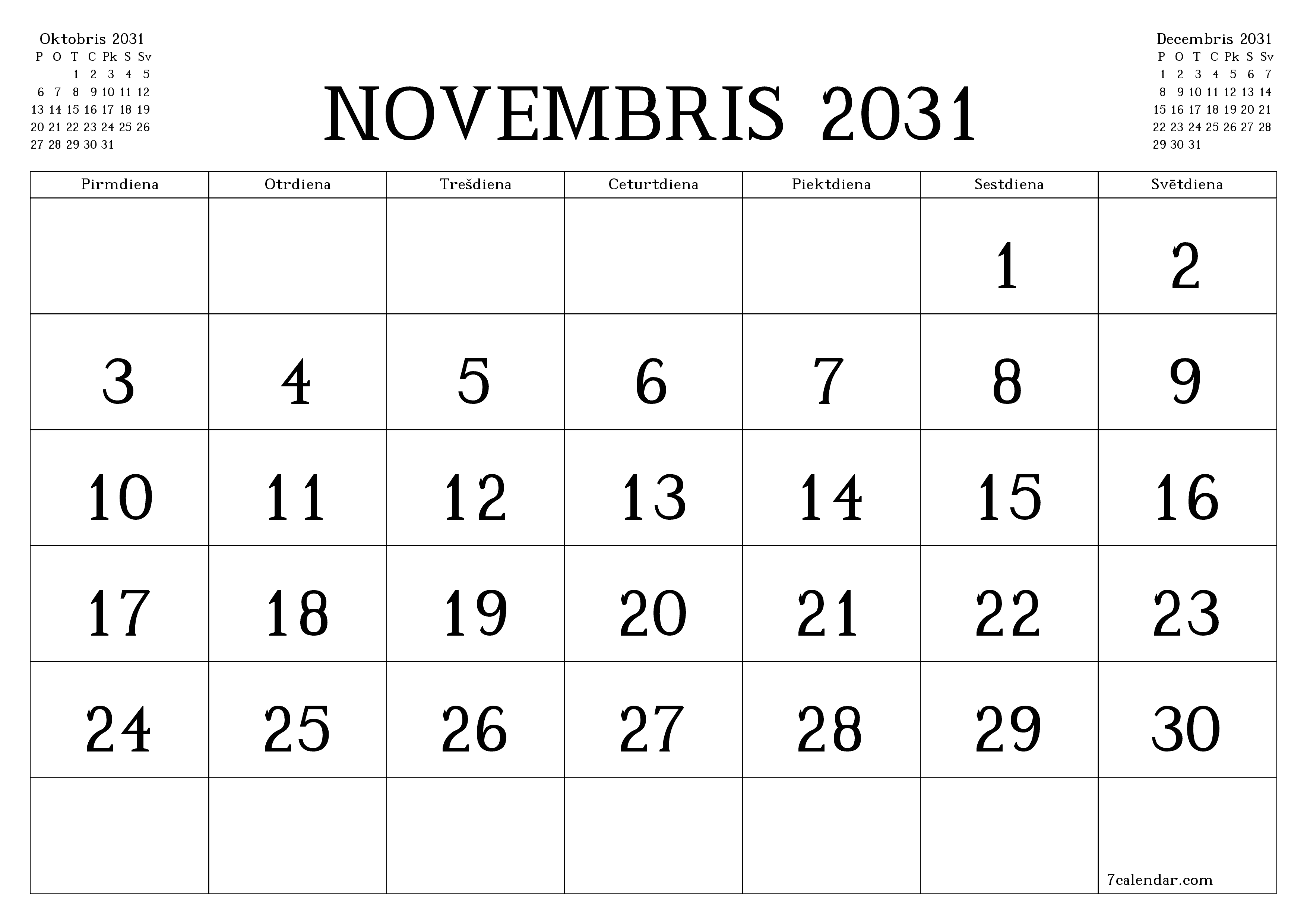 Iztukšot mēneša plānotāju mēnesim Novembris 2031 ar piezīmēm, saglabāt un izdrukāt PDF formātā PNG Latvian