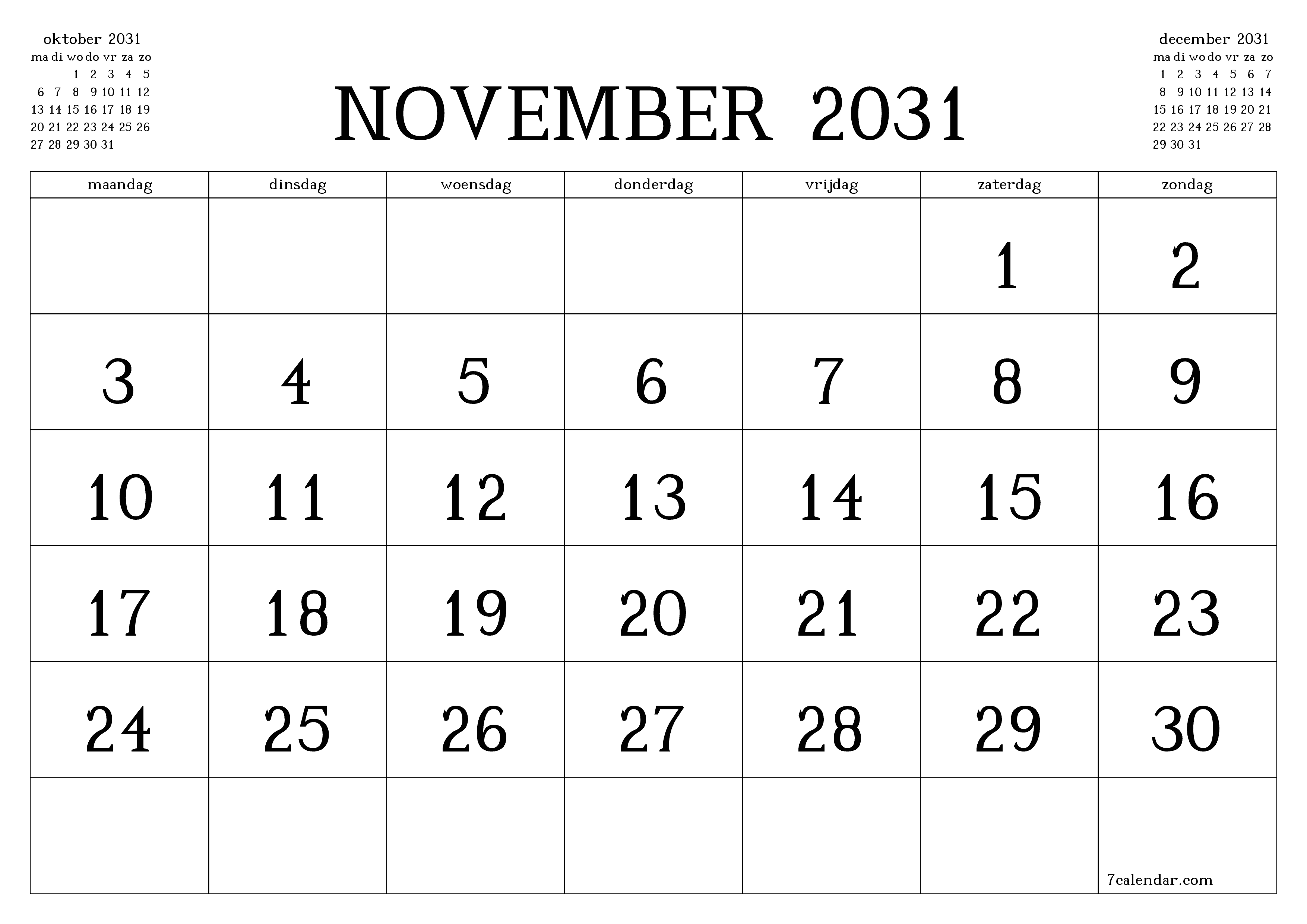 Lege maandplanner voor maand november 2031 met notities, opslaan en afdrukken naar pdf PNG Dutch