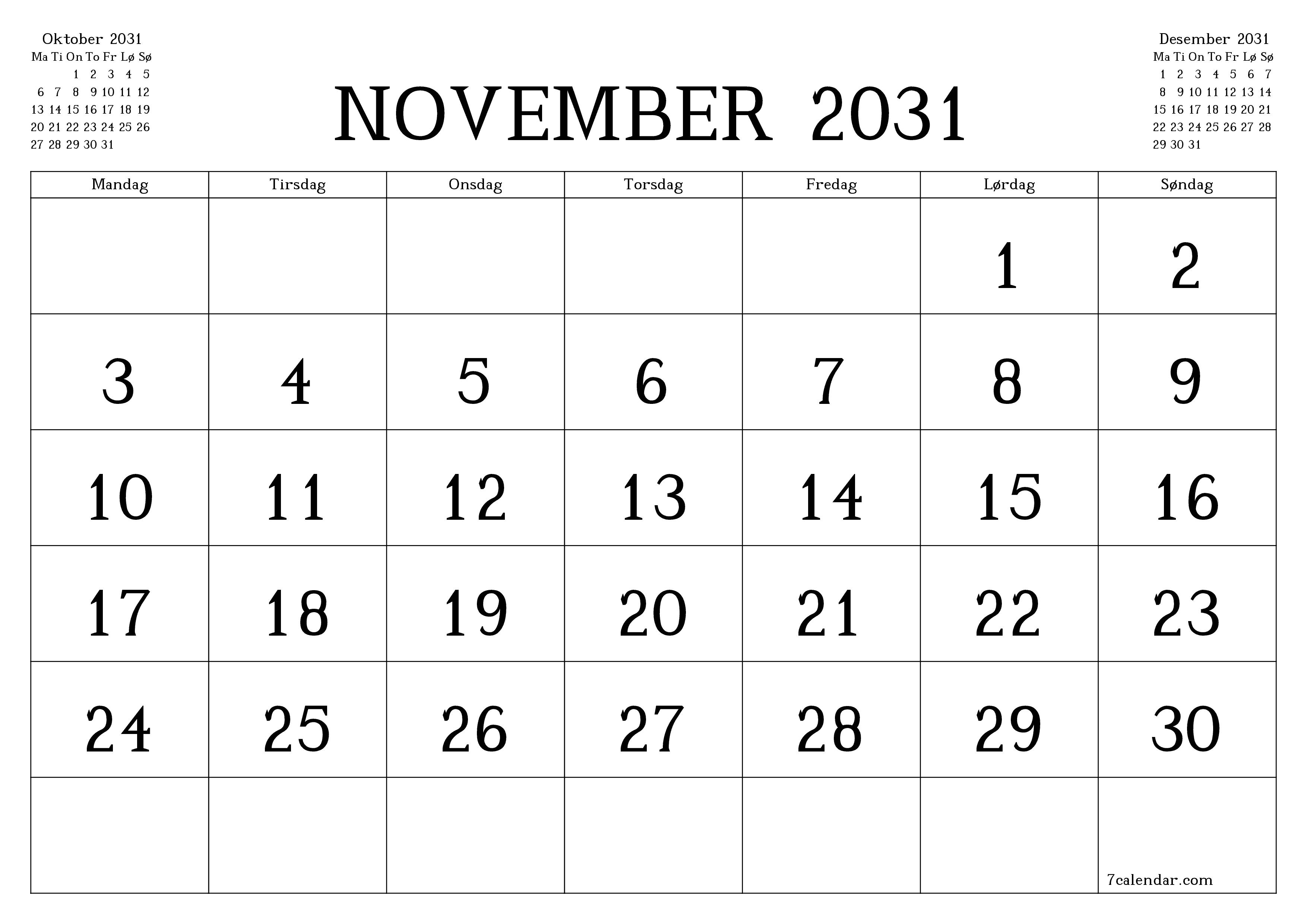 Tom månedlig planlegger for måned November 2031 med notater, lagre og skriv ut til PDF PNG Norwegian