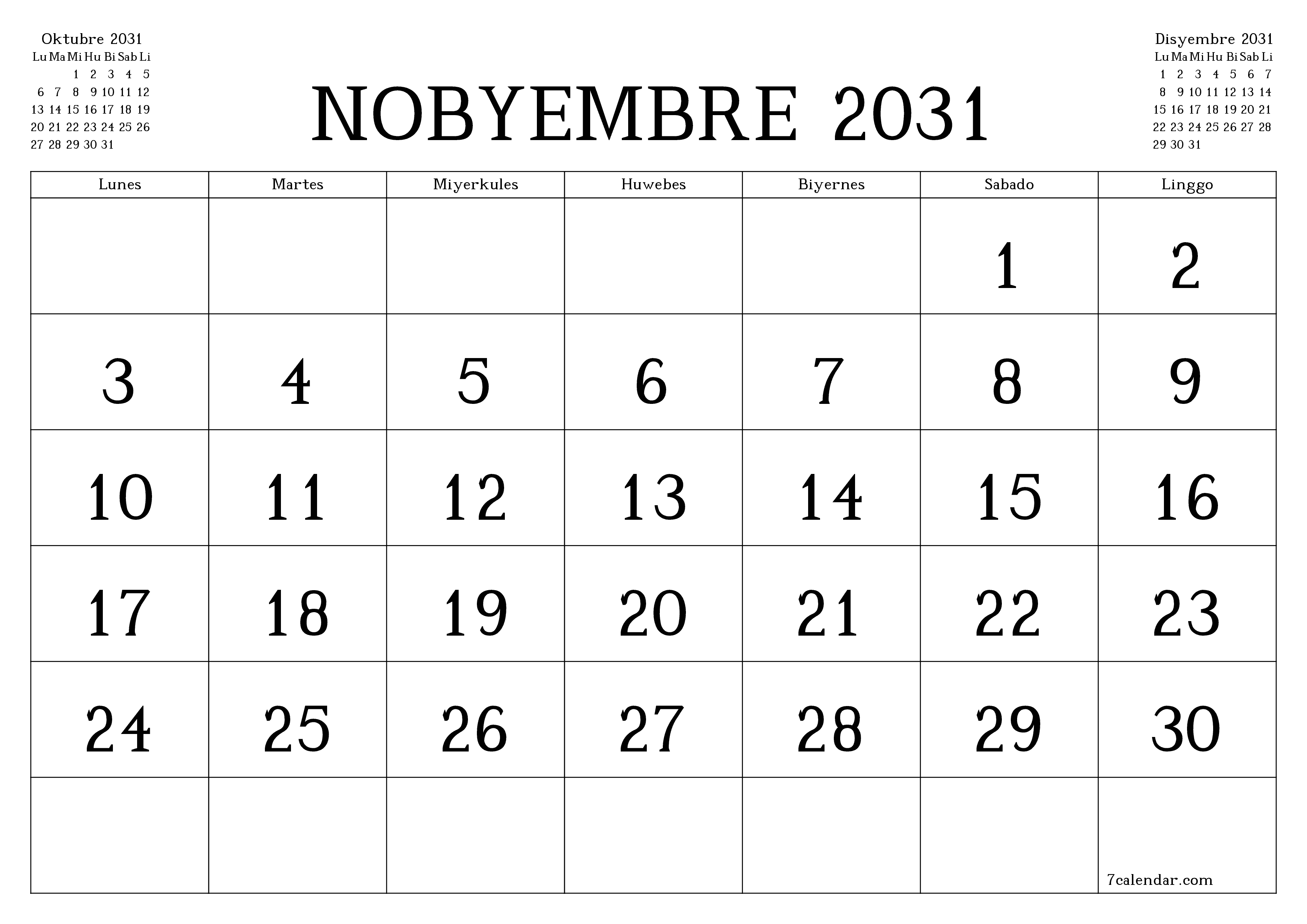 Walang laman na buwanang tagaplano para sa buwan na Nobyembre 2031 na may mga tala, i-save at i-print sa PDF PNG Filipino