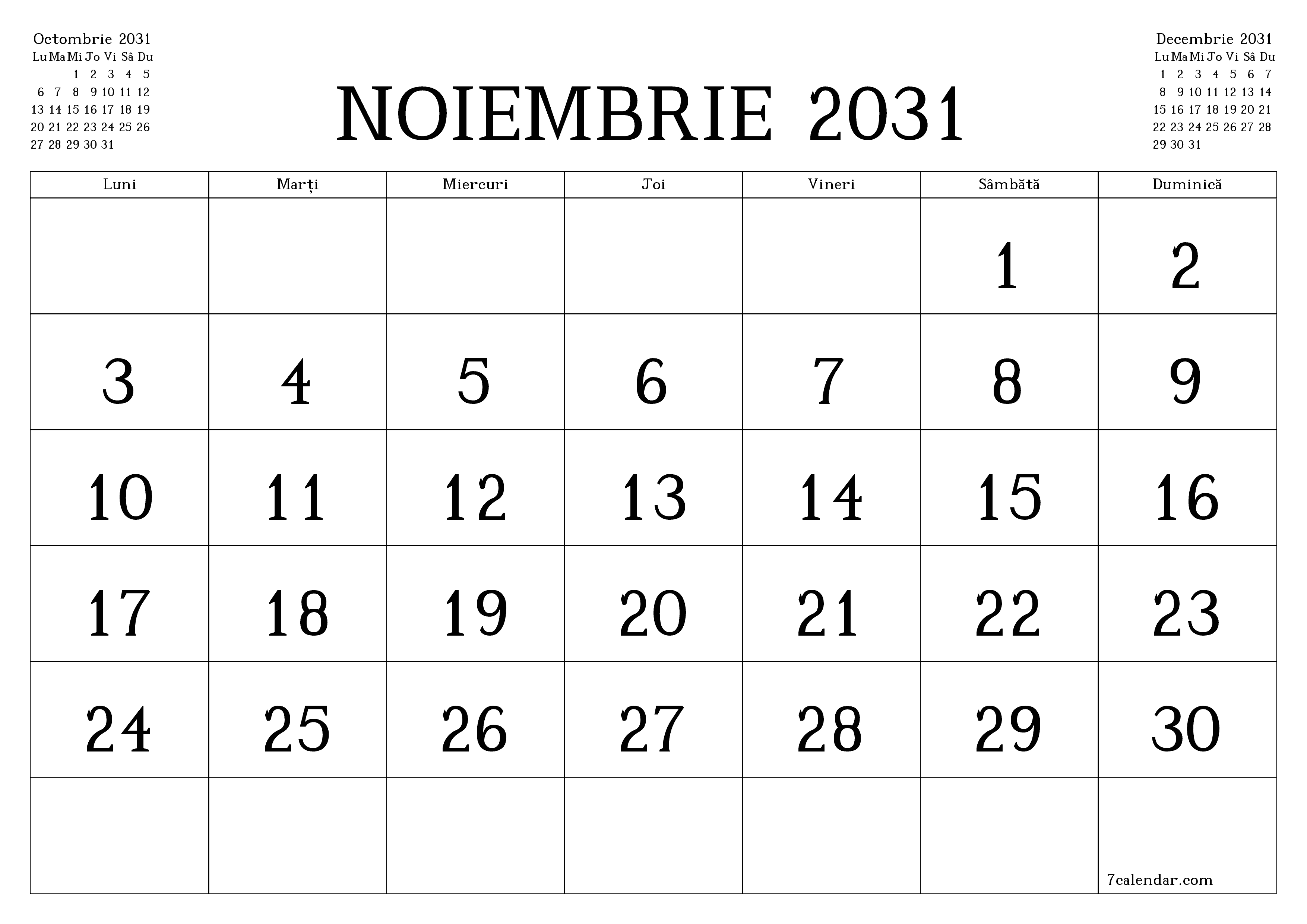 Planificator lunar gol pentru luna Noiembrie 2031 cu note, salvați și tipăriți în PDF PNG Romanian