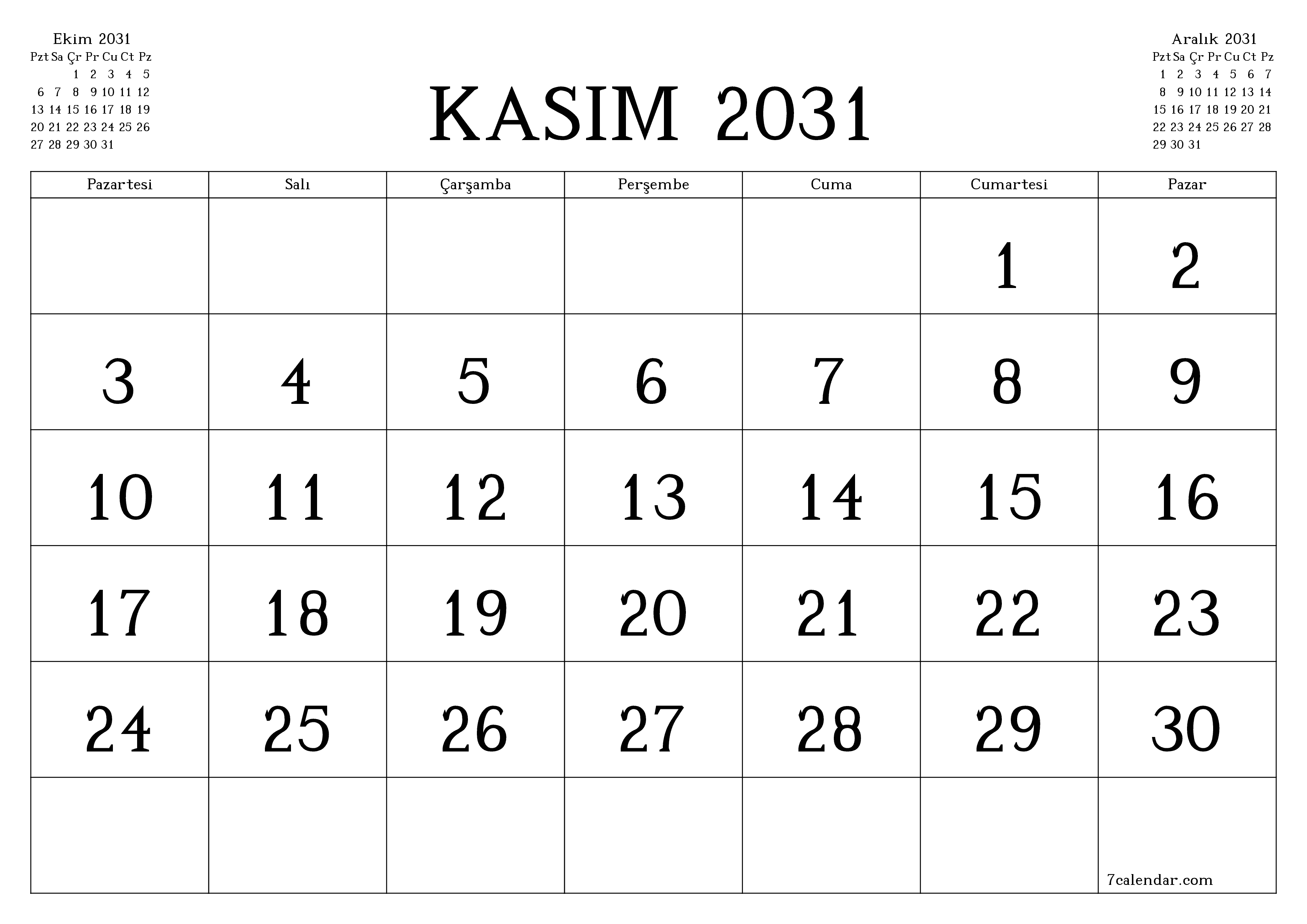 Kasım 2031 ayı için notlarla birlikte boş aylık planlayıcı, kaydedin ve PDF'ye yazdırın PNG Turkish