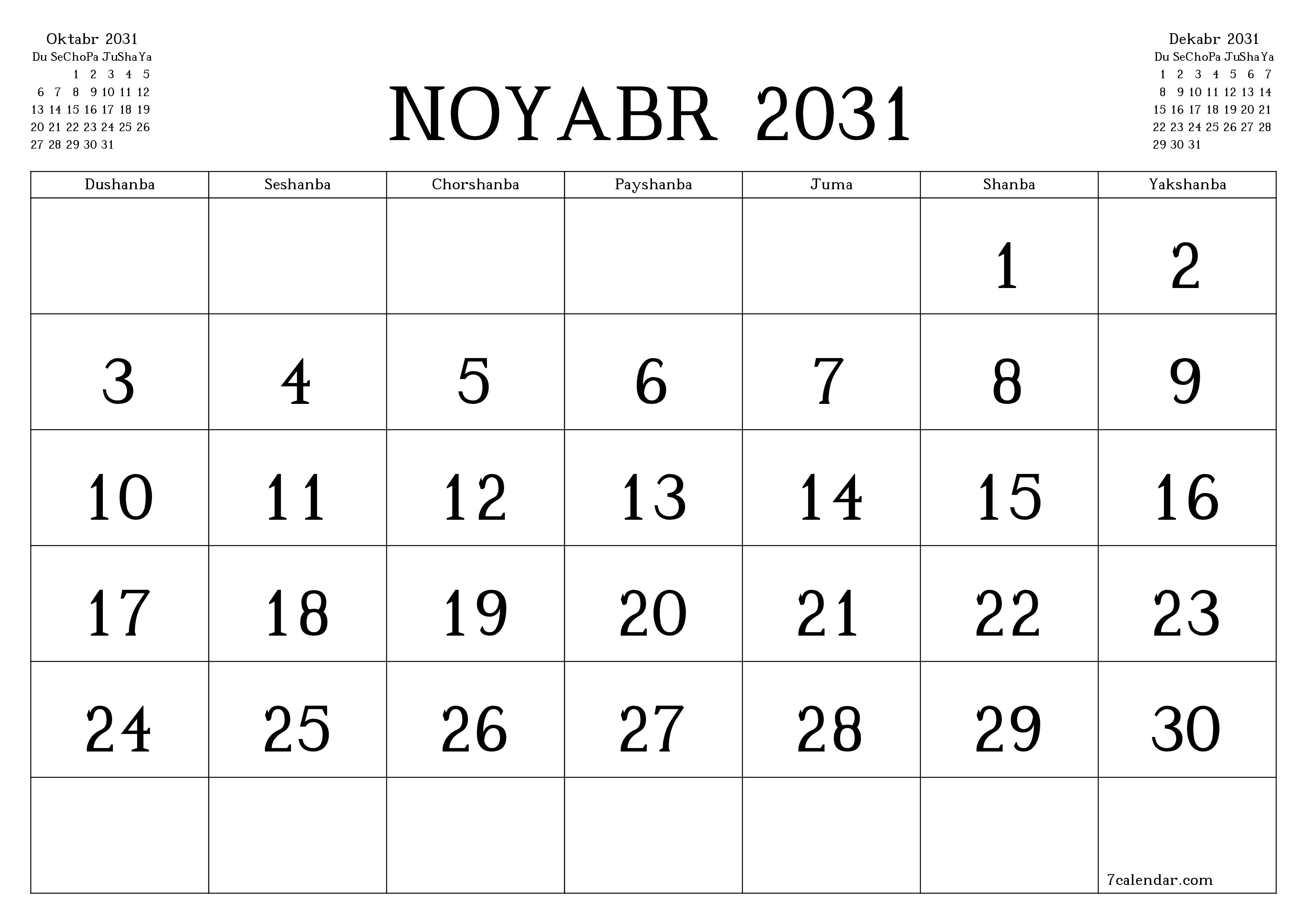 Noyabr 2031 oylik oylik rejalashtiruvchini yozuvlar bilan bo'shatish, saqlash va PDF-ga chop etish PNG Uzbek