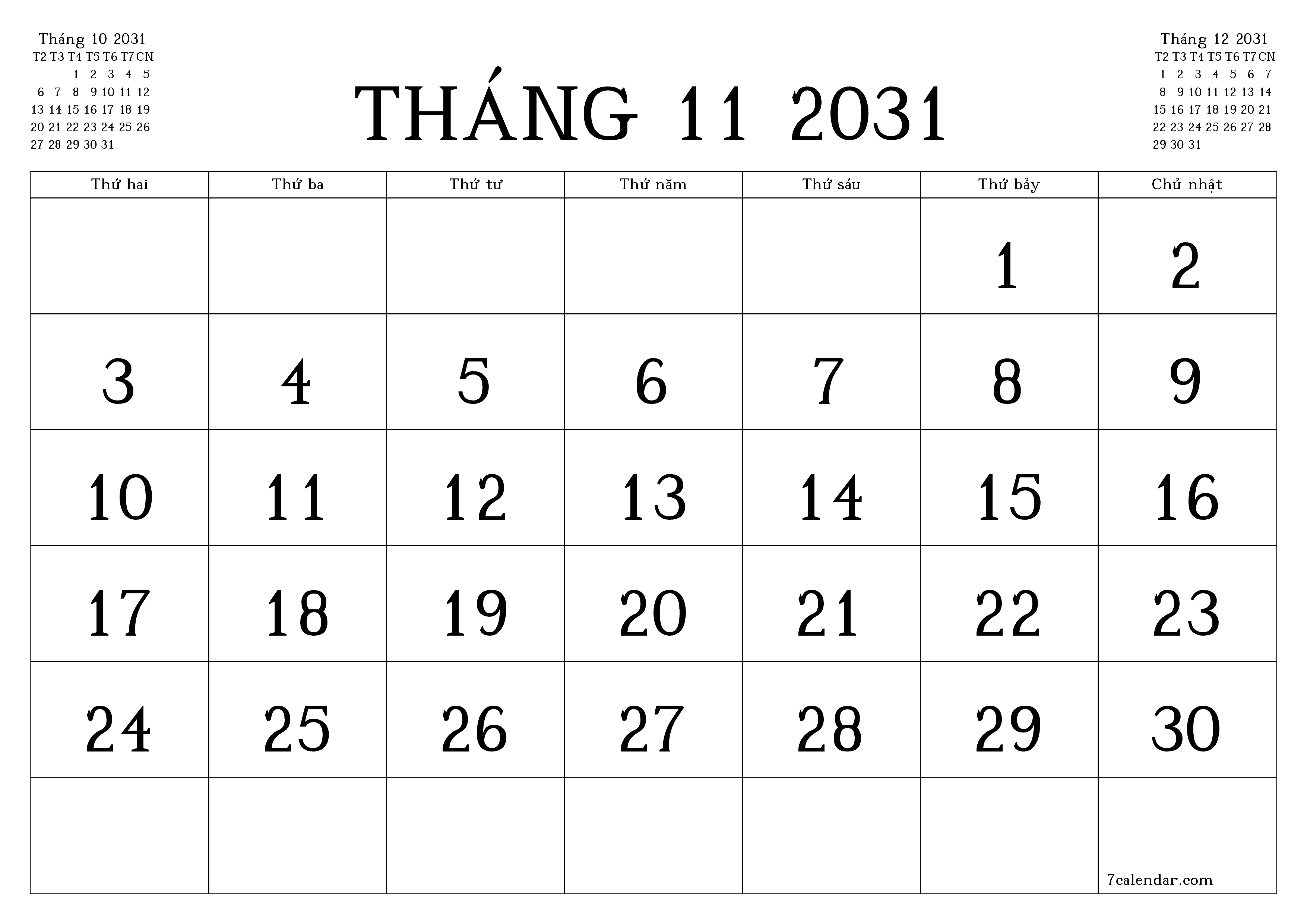 Công cụ lập kế hoạch hàng tháng trống cho tháng Tháng 11 2031 có ghi chú, lưu và in sang PDF PNG Vietnamese