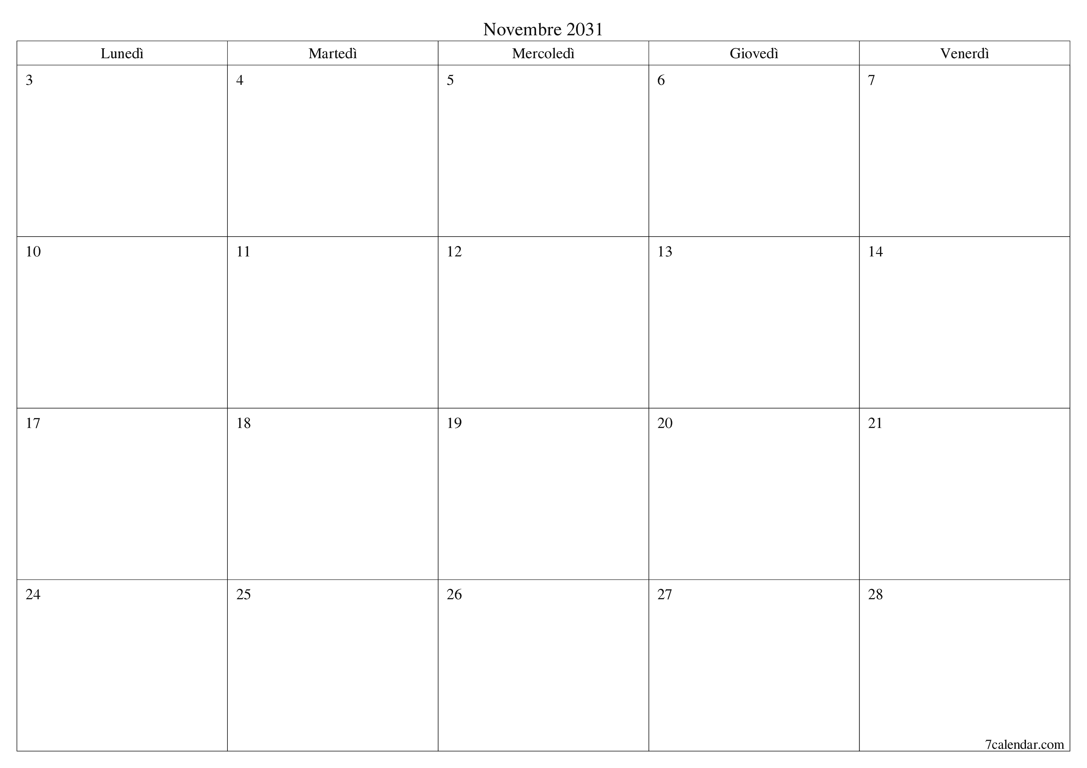 Pianificatore mensile vuoto per il mese Novembre 2031 con note, salva e stampa in PDF PNG Italian