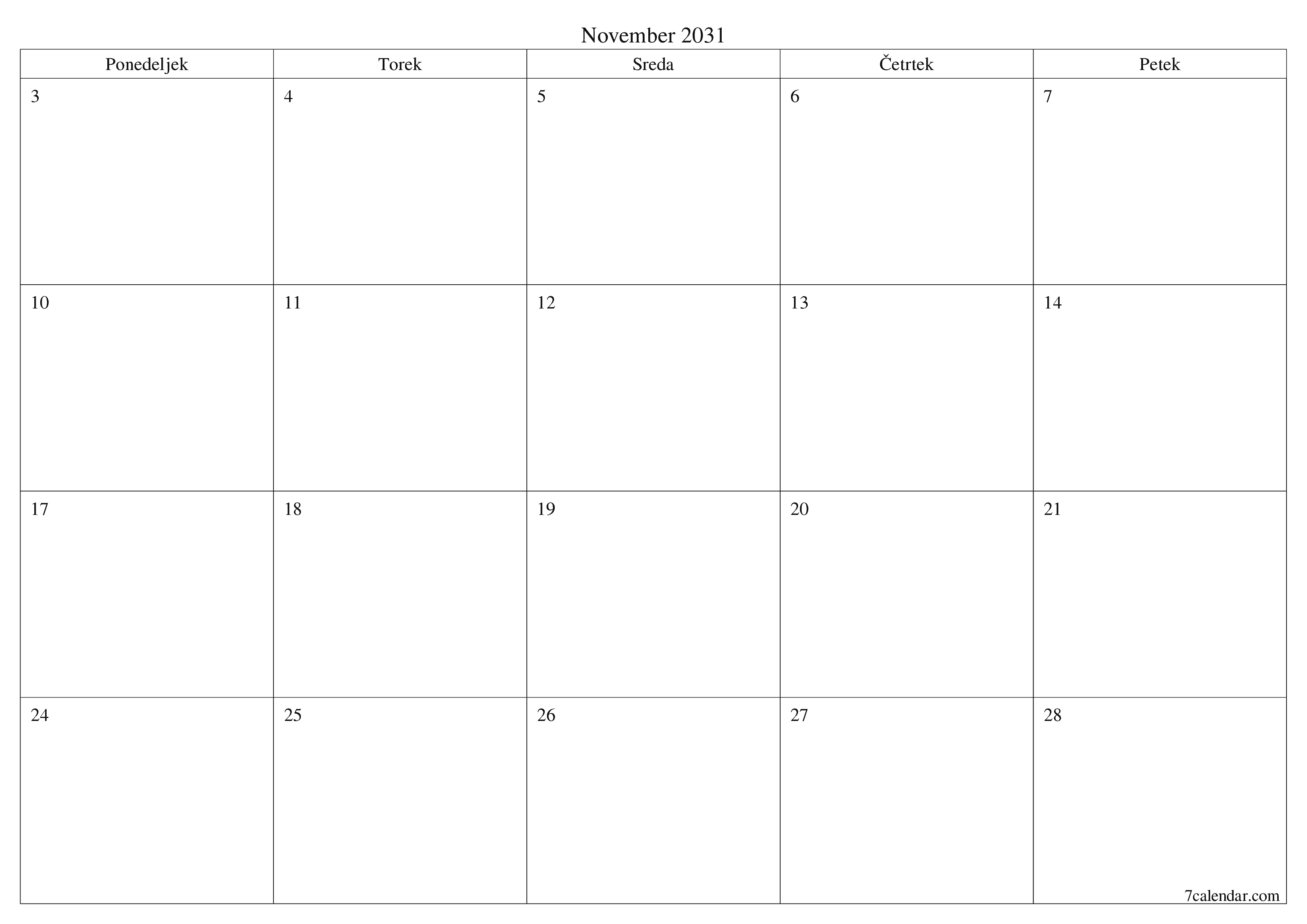 Prazen mesečni načrtovalec koledarja za mesec November 2031 z opombami, natisnjenimi v PDF PNG Slovenian
