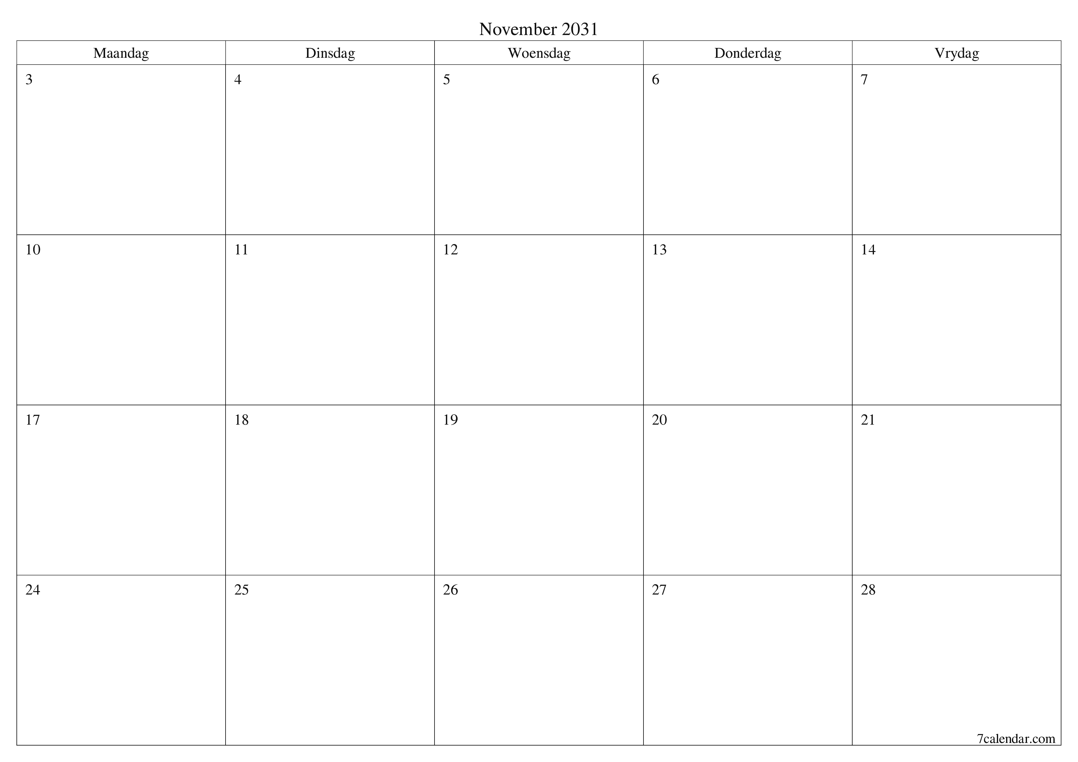 Leë maandelikse drukbare kalender en beplanner vir maand November 2031 met notas stoor en druk na PDF PNG Afrikaans
