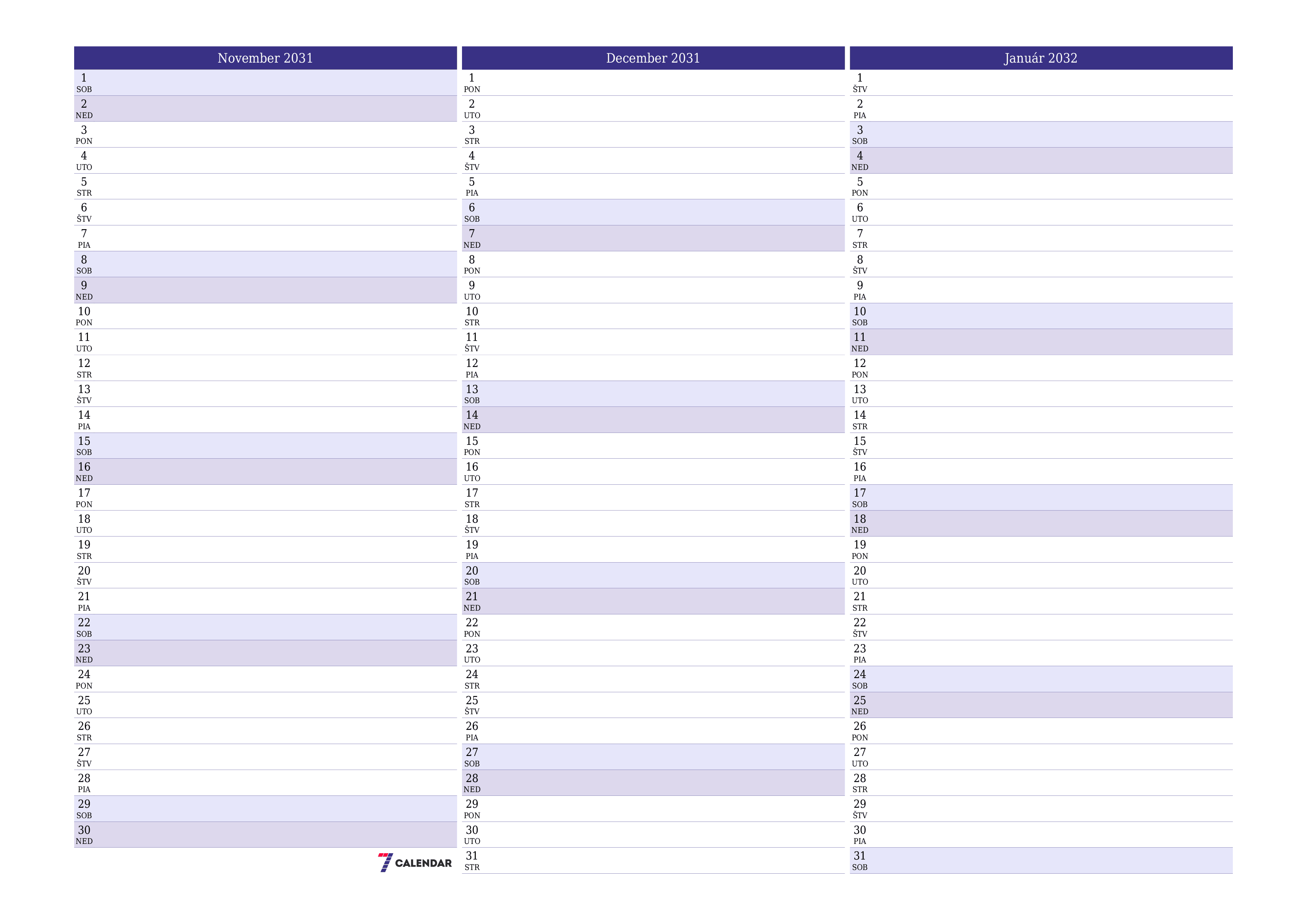 Prázdny mesačný plánovač na mesiac November 2031 s poznámkami, uloženie a tlač do PDF PNG Slovak