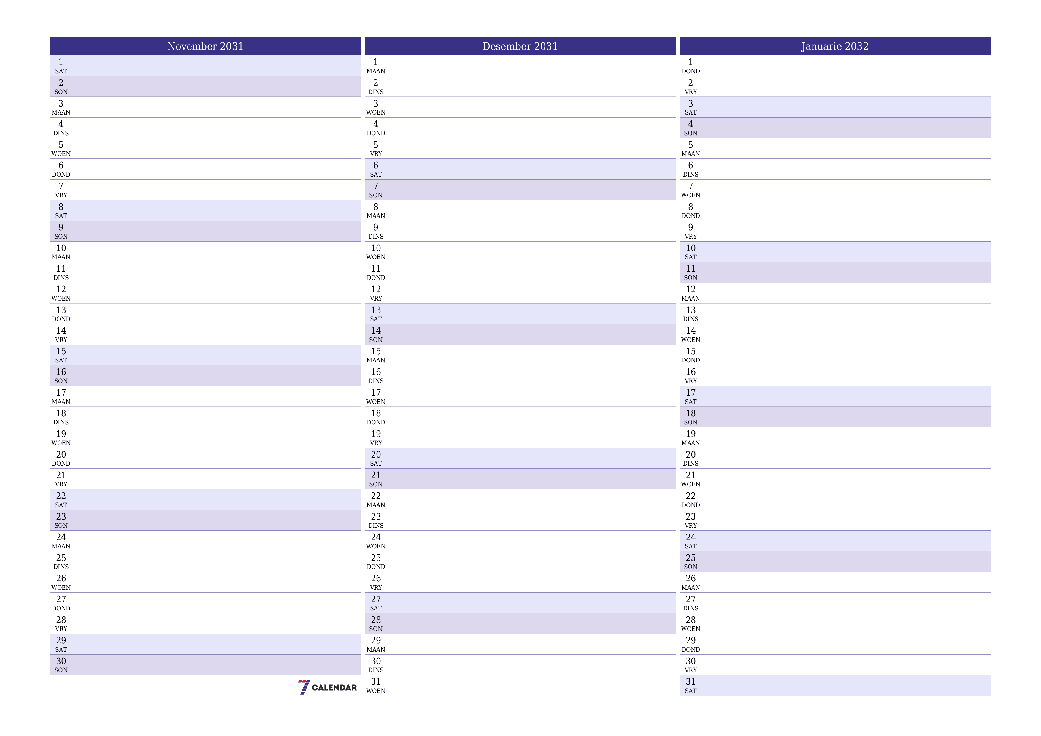 Leë maandelikse drukbare kalender en beplanner vir maand November 2031 met notas stoor en druk na PDF PNG Afrikaans