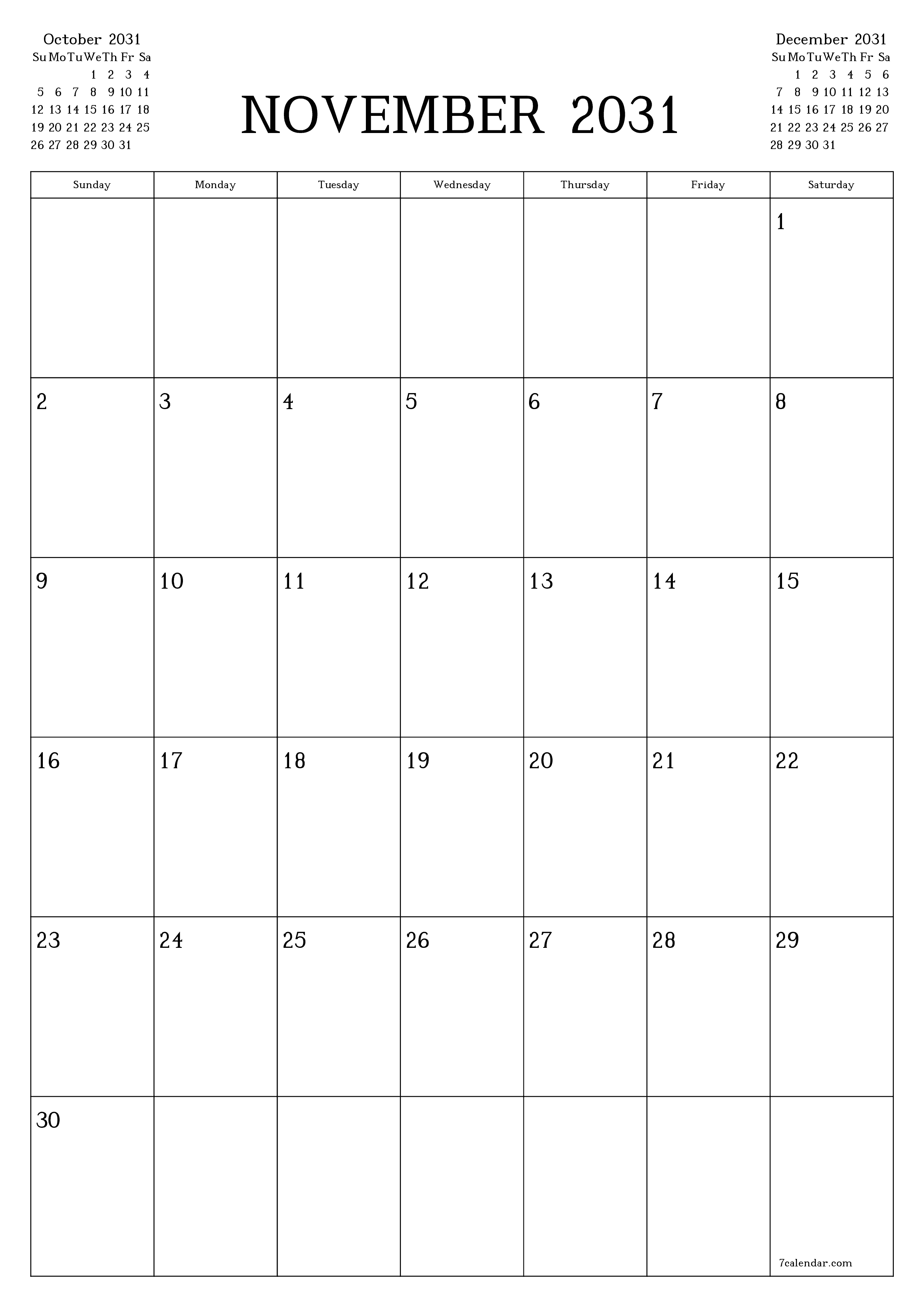 printable wall template free vertical Monthly planner calendar November (Nov) 2031