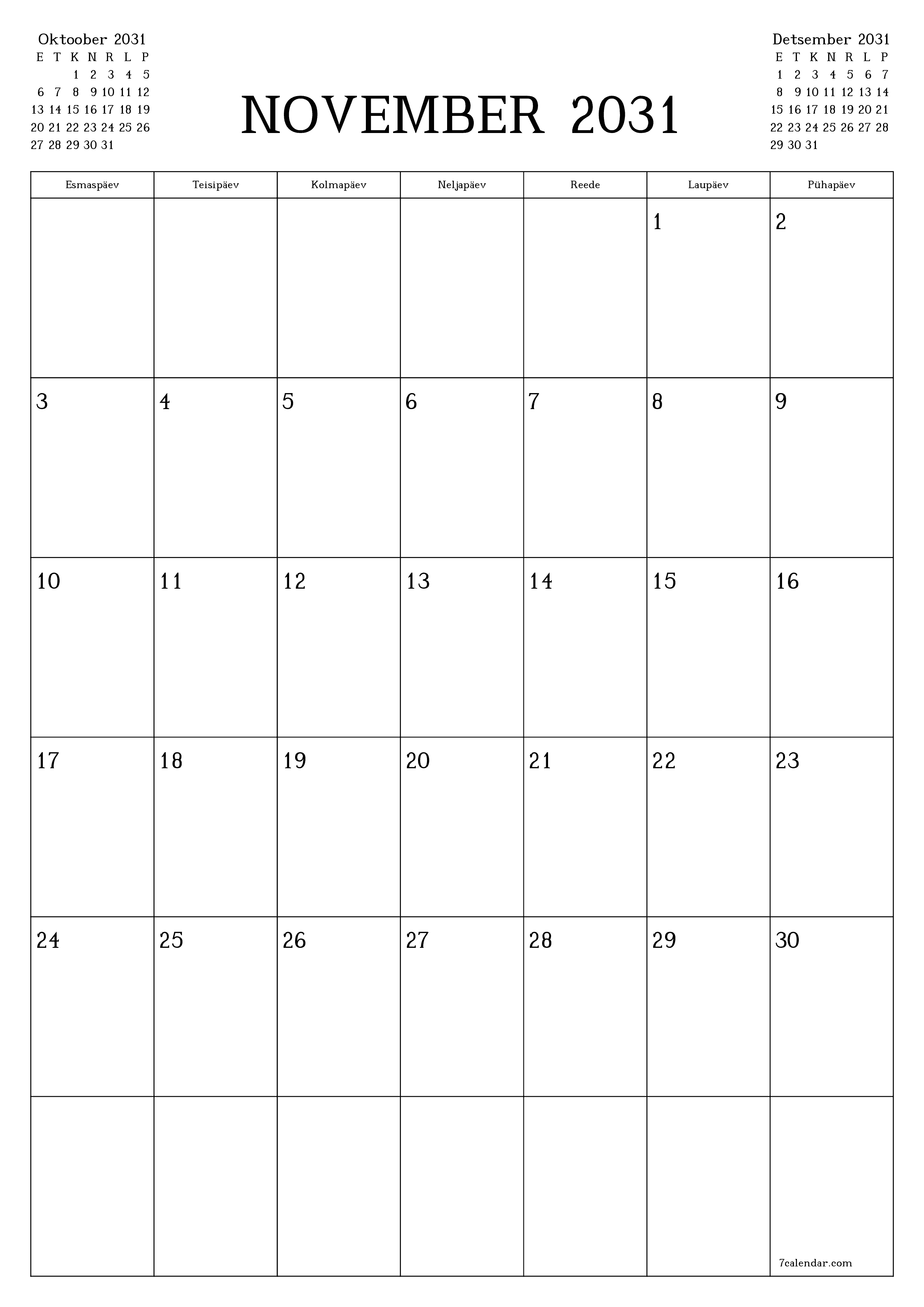 prinditav seina kalendri mall tasuta vertikaalne Igakuine planeerija kalender November (Nov) 2031