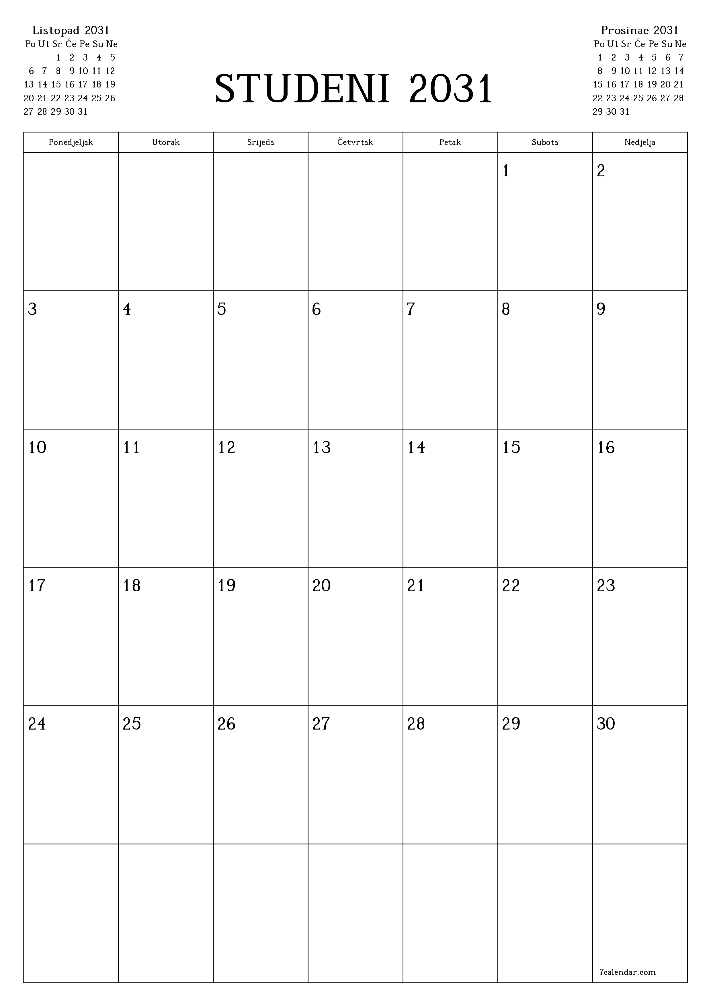  za ispis zidni predložak a besplatni okomito Mjesečni planer kalendar Studeni (Stu) 2031
