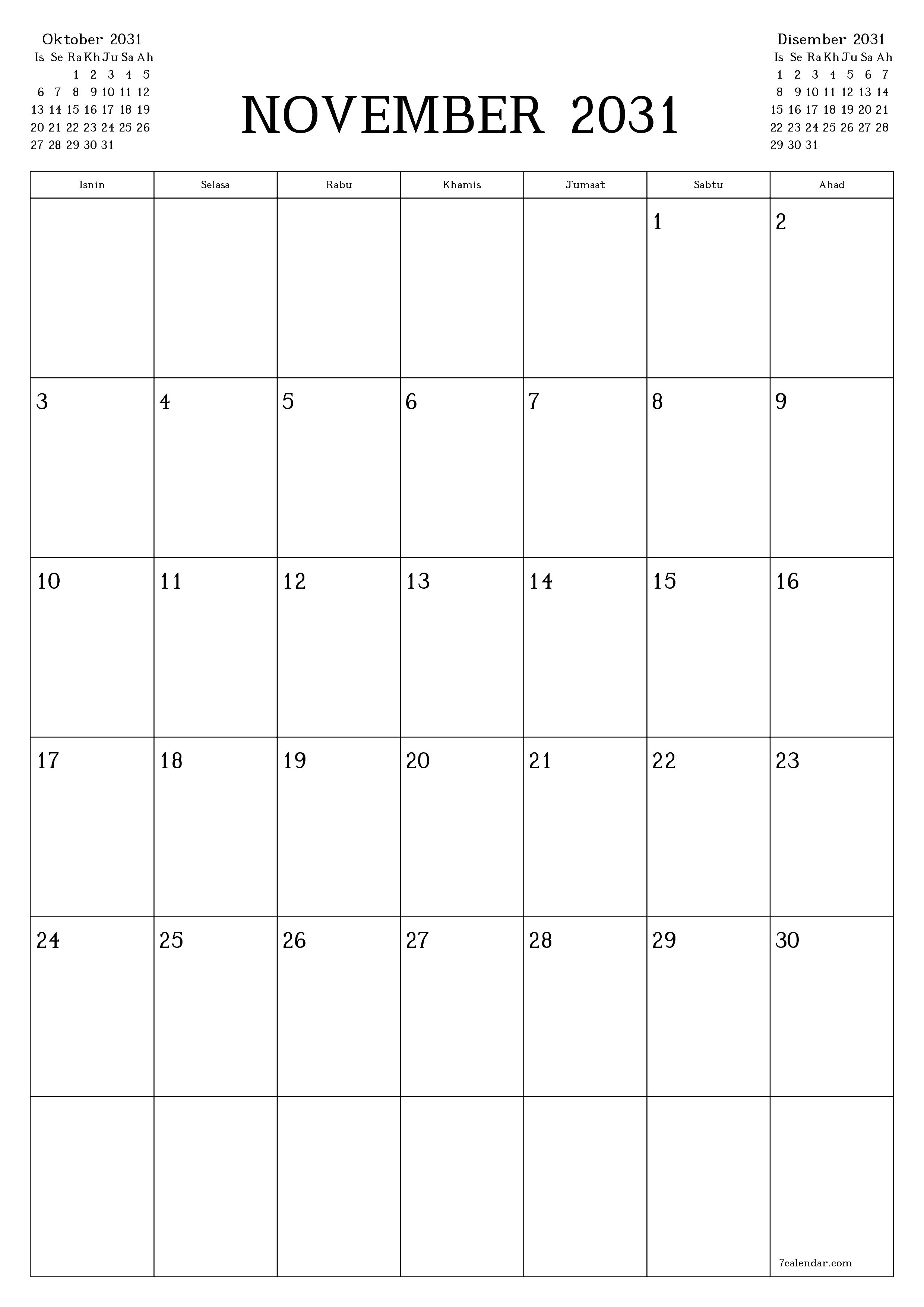  boleh cetak dinding templat percumamenegak Bulanan perancang kalendar November (Nov) 2031