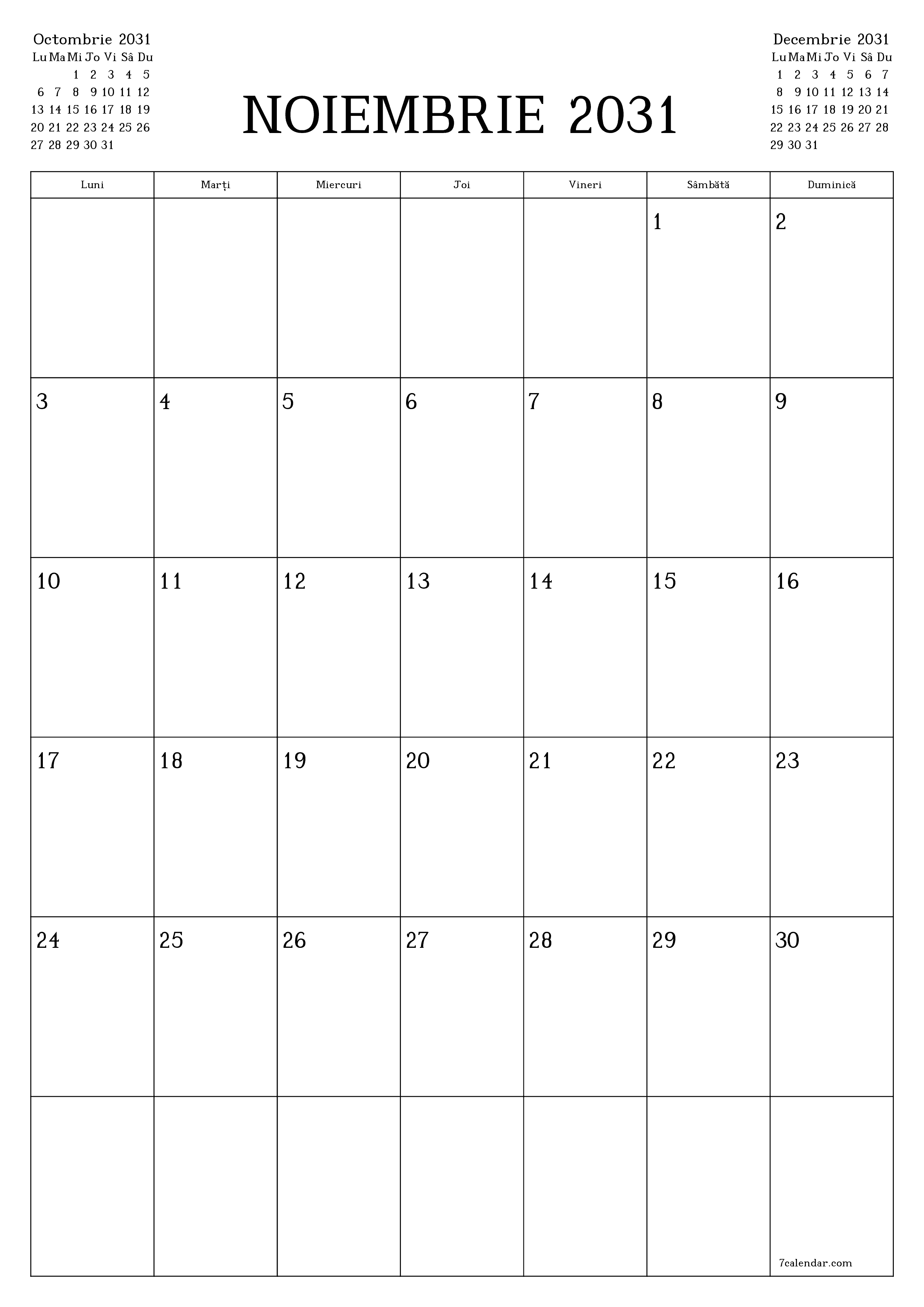  imprimabil de perete șablon de gratuitvertical Lunar planificator calendar Noiembrie (Nov) 2031